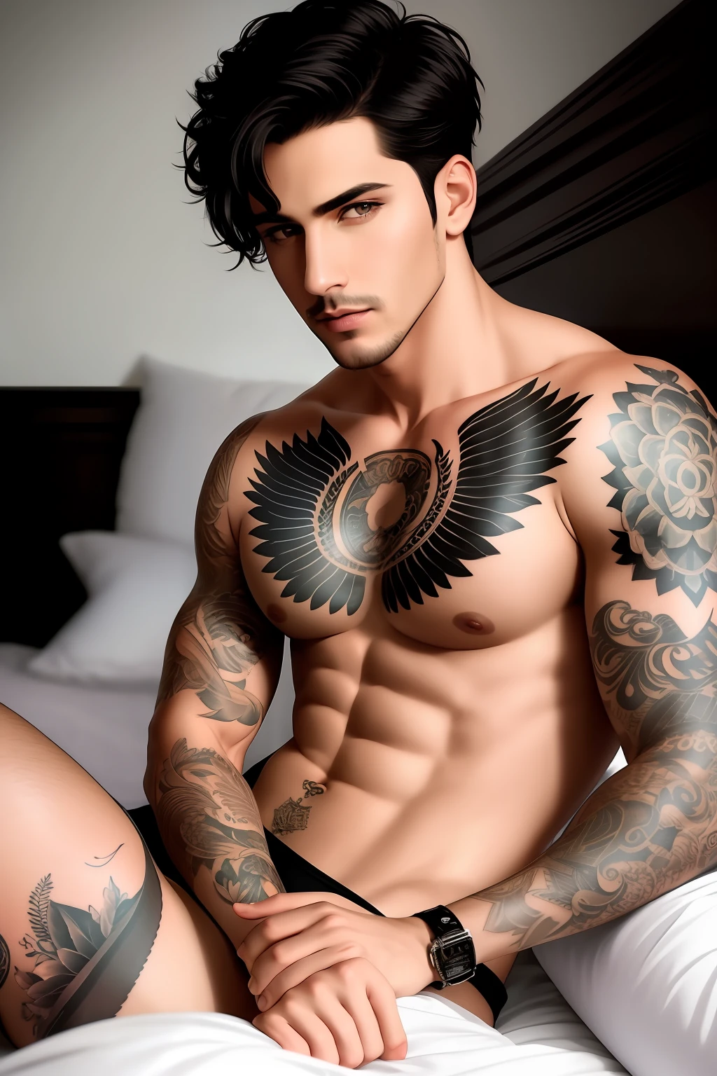 Hyperrealistic, highest quality, professional photography, handsome man, short black hair, tattoo, sassy look, laid in bed, hard, pleasured look, visible