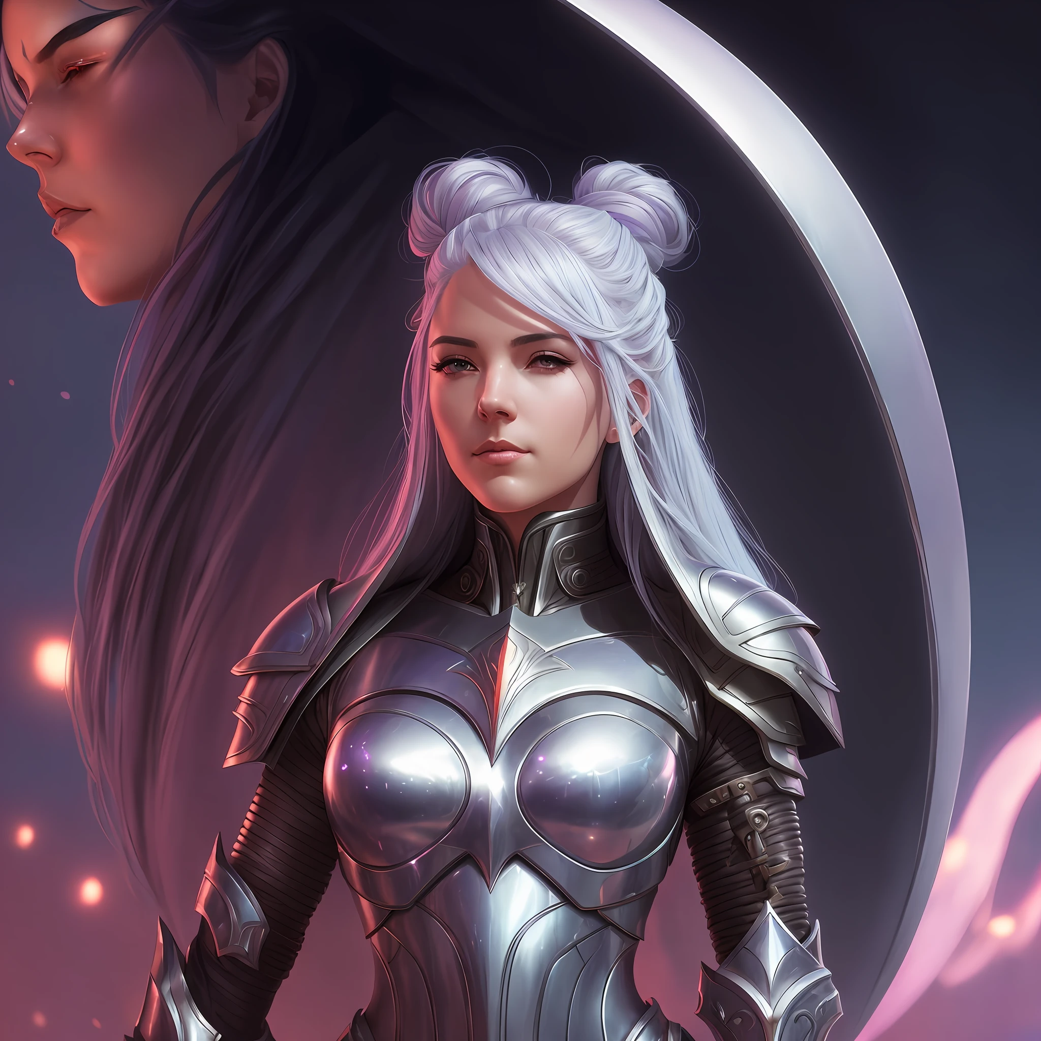 a close up of a person with a sword and armor, detailed matte fantasy portrait, artgerm julie bell beeple, alena aenami and artgerm, cyborg - girl with silver hair, moebius + loish + wlop, portrait of a dnd character, fantasy concept art portrait, epic fantasy digital art style, epic fantasy art style