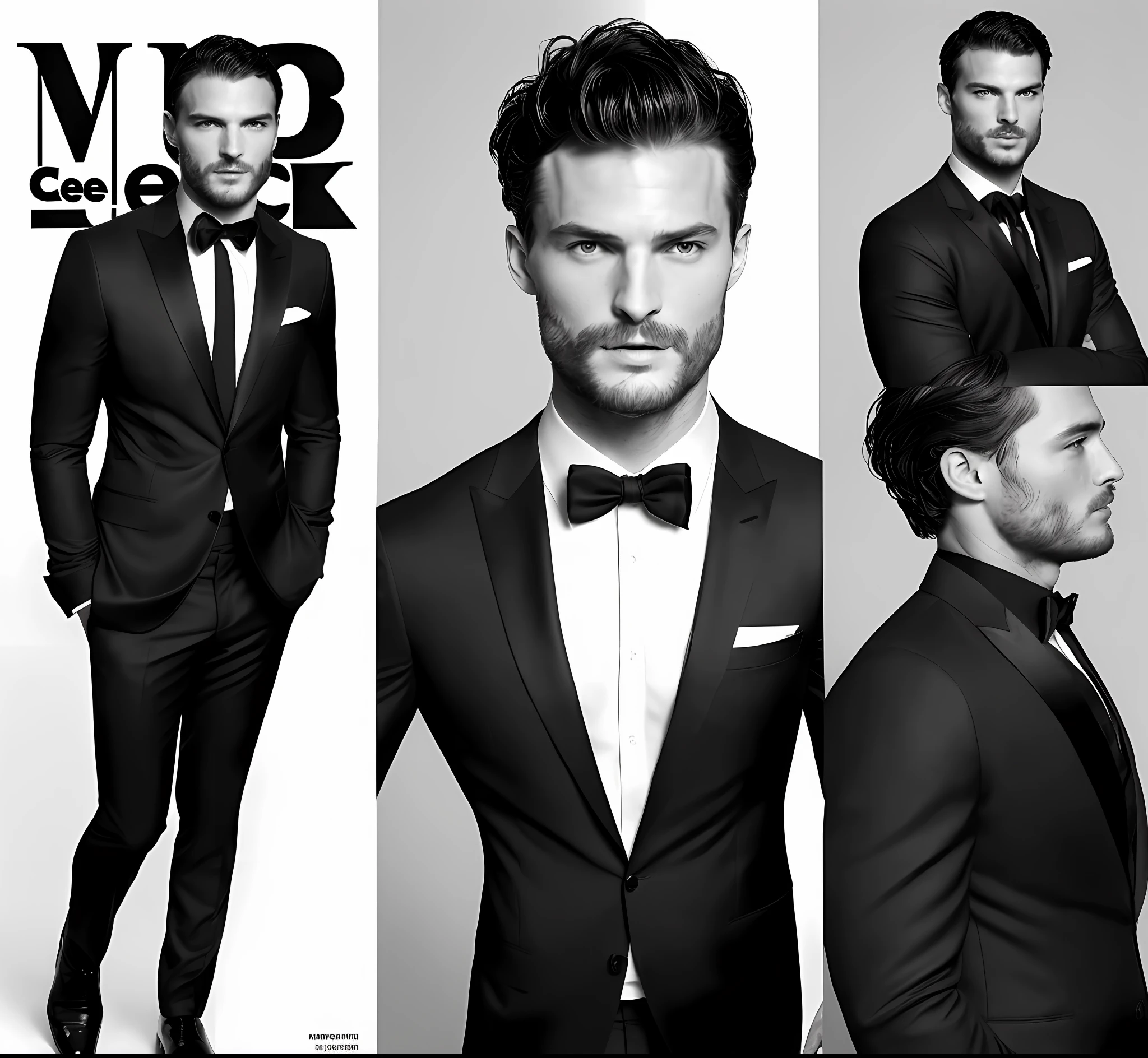 (create a ceo wearing black suit without tie), (Moreno with symmetrical model face), wearing thin beard, short dark hair, magazine cover style, man similar to actor jamie dornan, (high quality and realistic image), black dark background, cinematic style, ((Best quality, 8k, Masterpiece).