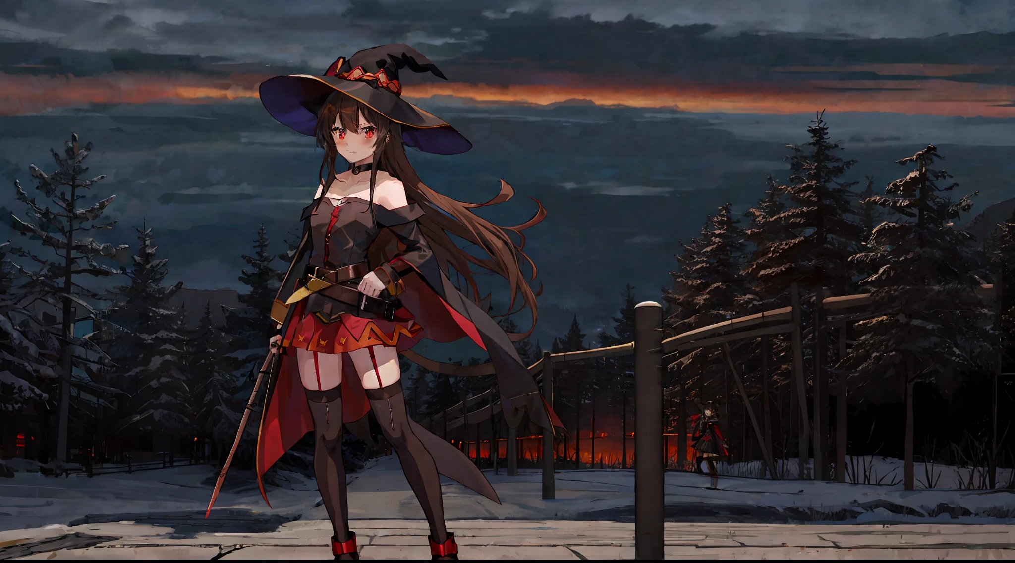 megumin, kono subarashii sekai ni shukufuku wo!, 1girl, full body, solo, standing, looking at viewer, hat, witch hat, brown hair, short hair with long locks, red eyes, blush, black choker, collarbone, flat chest, off-shoulder dress, dress, red dress, brown cape, long sleeves, black gloves, fingerless gloves, belt, brown belt, gold trim, zettai ryouiki, skindentation, (asymmetrical legwear:1.4), mismatched legwear, (bandaged leg:1.3), black thighhighs, nature, village