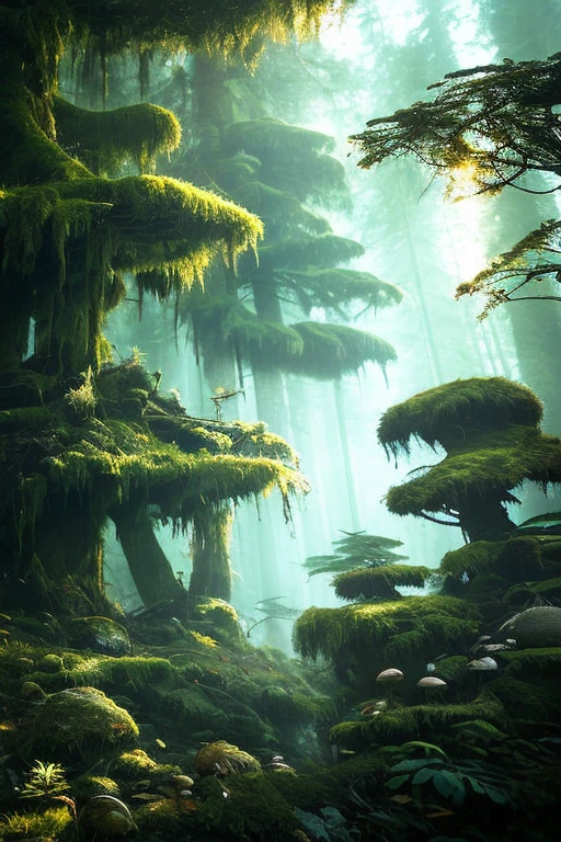 Close up shot of moss and a mushroom in the woods of the PNW