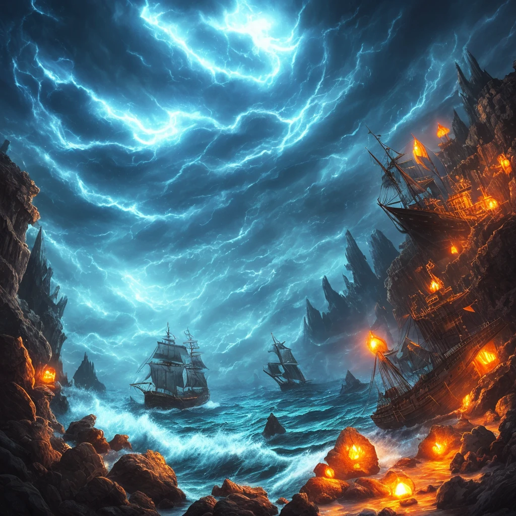 The ship is in the center of the ocean, dark night, violent storms, HD, mermaid, orange thunder background, best quality, some rocks around, rocks, best ship, mermaid on ocean, best mermaid, 16k