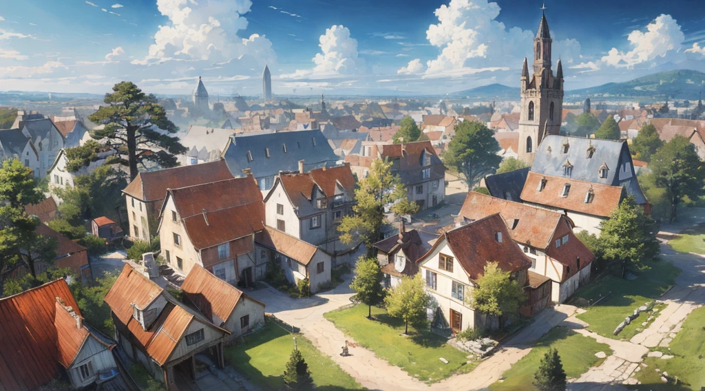 ((masterpiece)),((best quality)),((high detail)),((realistic,)) ((ultra detailed)) landscape of a small medieval town, cartoonist illustration, aeria view, beautiful sky, deformed clouds, 1.3:pine trees, towers.