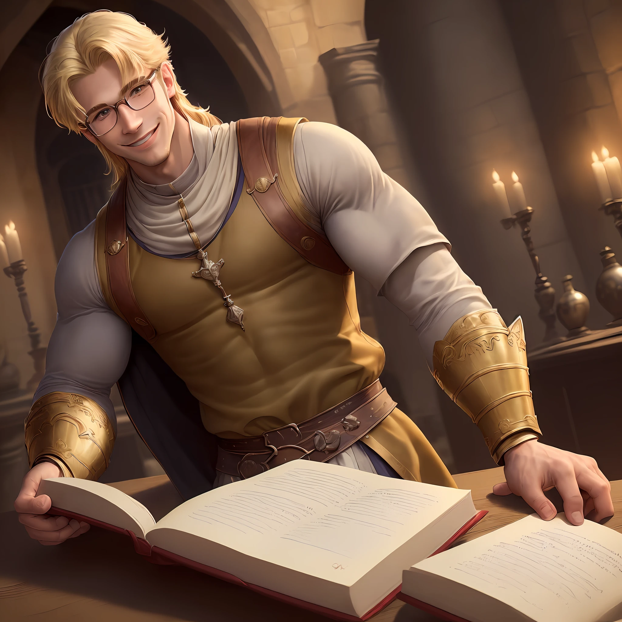 ((masterpiece, best quality)), ((young man)), (medium muscles), (((alone)), a person, medium biceps, medieval clothing, male, human, glasses, book below arm, intreligent, smiling, (blonde hair), human, man, alone, glorious