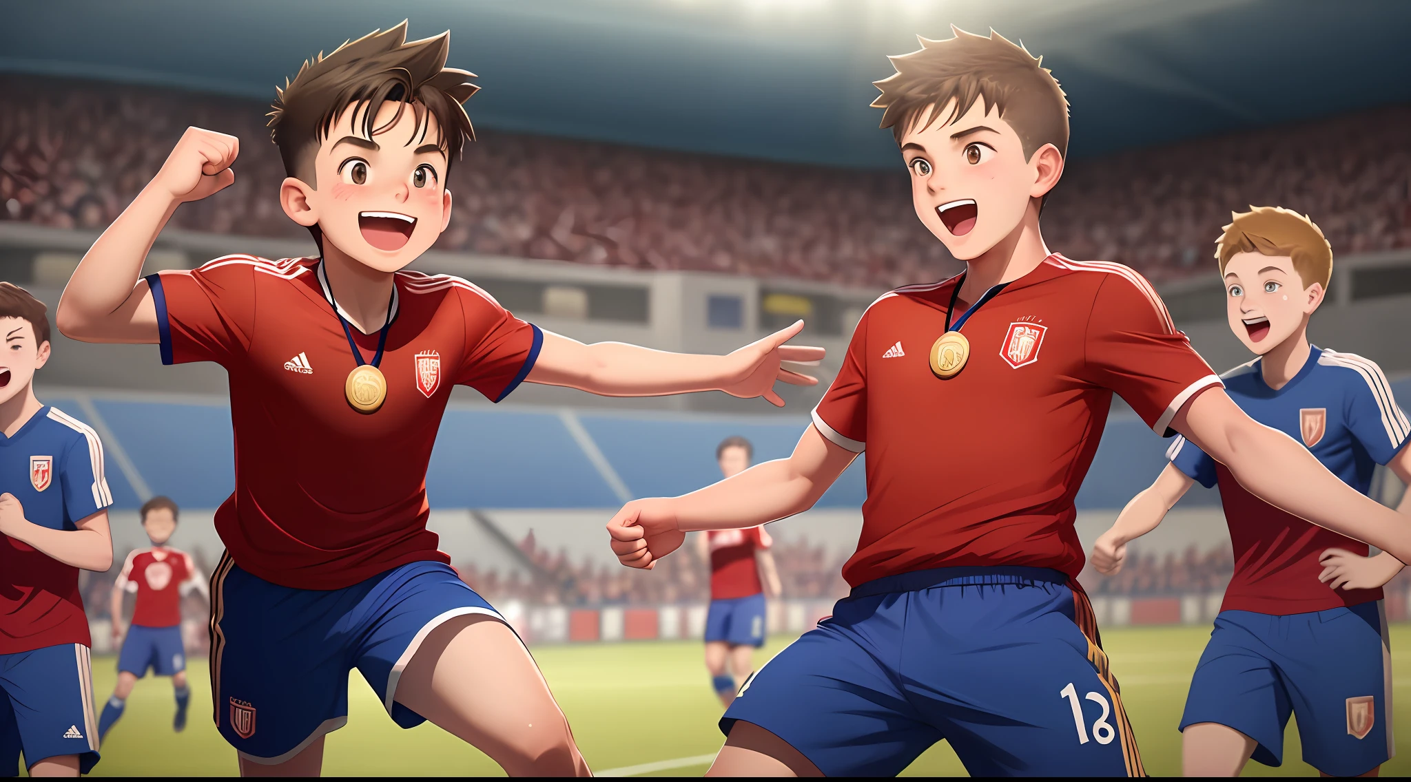 A BOY celebrating a victory in a soccer field, soccer team in the back, red shirt, blue shorts, gold medals, cartoon style, best quality, highly detailed, expressive, no bad faces, no bad arms