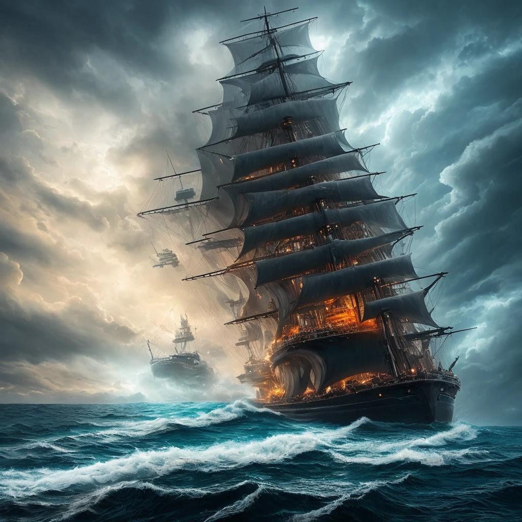 The ship is in the center of the ocean, dark night, violent storms, HD, mermaid, orange thunder background, best quality, some rocks around, rocks, best ship, mermaid on ocean, best mermaid, 16k, big ship,