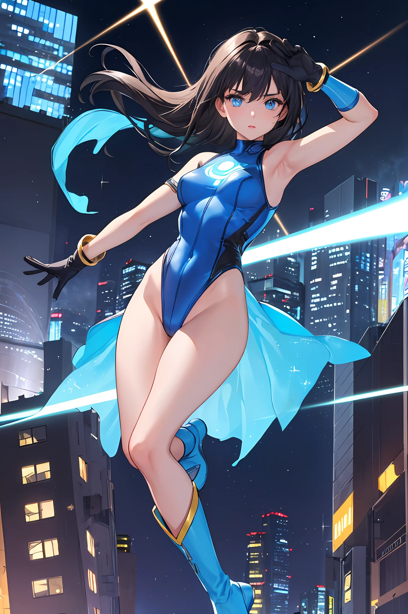 masterpiece, best quality, highres, 1girl, solo, superhero, leotard, bare legs, boots, matching boots, aura, blue aura, sleeveless, gloves, bracelets, matching gloves, looking at viewer, light particles, city backdrop, perfect hands, perfect eyes, powering up, perfect leotard, captain planet, glowing,