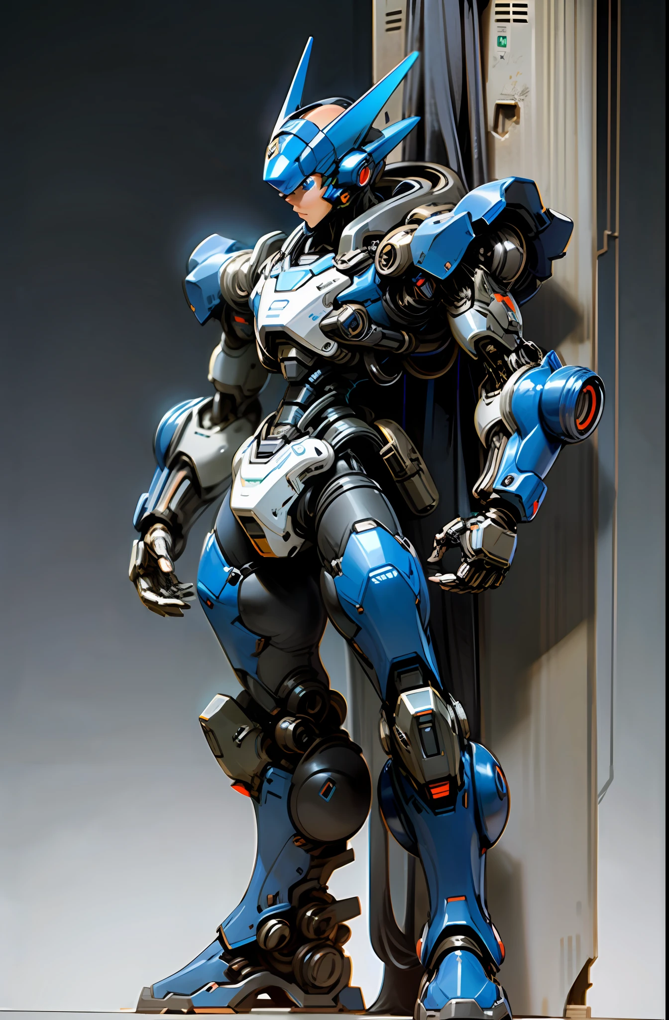 Dark_Fantasy, cyberpunk, (Megaman, blue armor: 1.1), 1man, mechanical wonder, robotic presence, cybernetic guardian, booster,