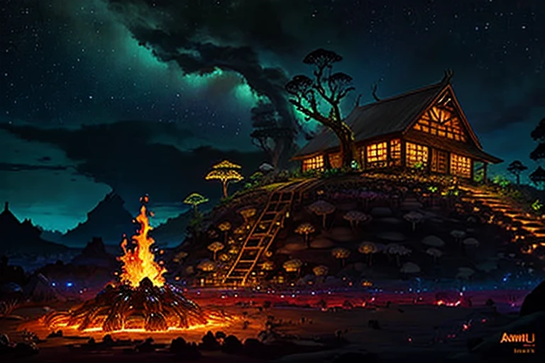 Groot hut anthill with lava and lizards