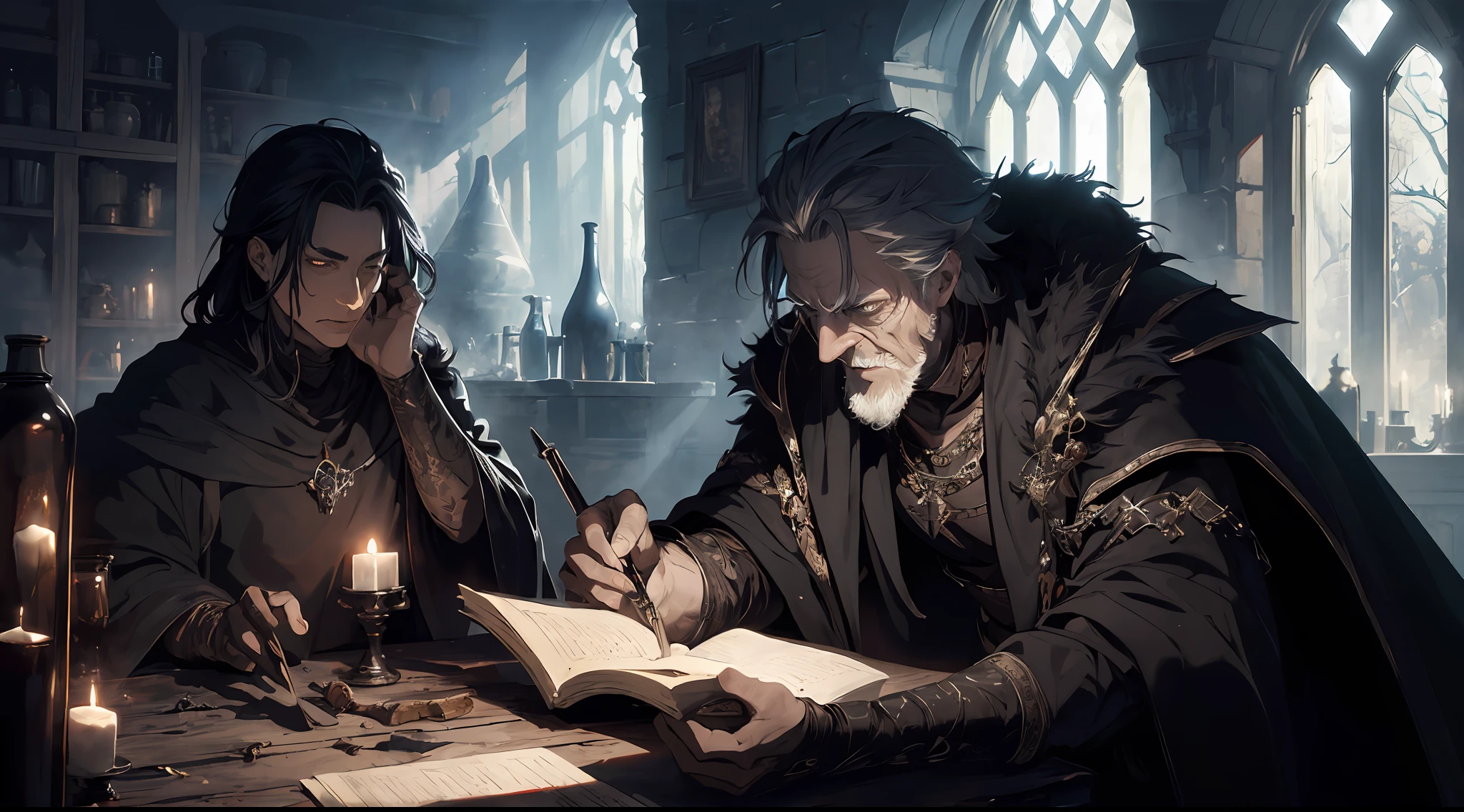 ((masterpiece)),((best quality)),((high detail)),((realistic,)) ((ultra detailed)) a dark old sorcerer with dark appearance, medieval, in his lair, preparing magic potions, drama, horror, sinister environment, colorful, magical details, enchanted, magic.