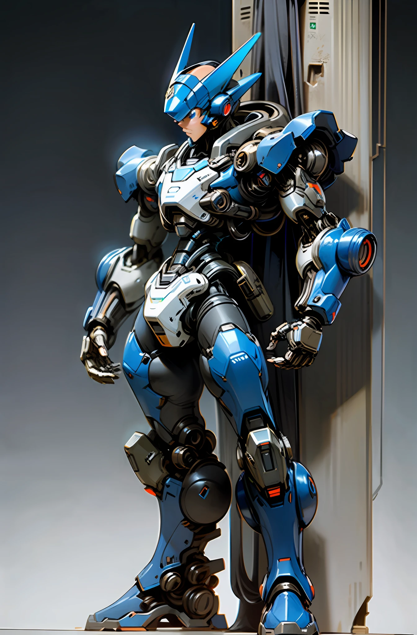 Dark_Fantasy, cyberpunk, (protoman from Megaman, red armor, yellow cape, helmet, : 1.1), 1man, mechanical wonder, robotic presence, cybernetic guardian, booster,