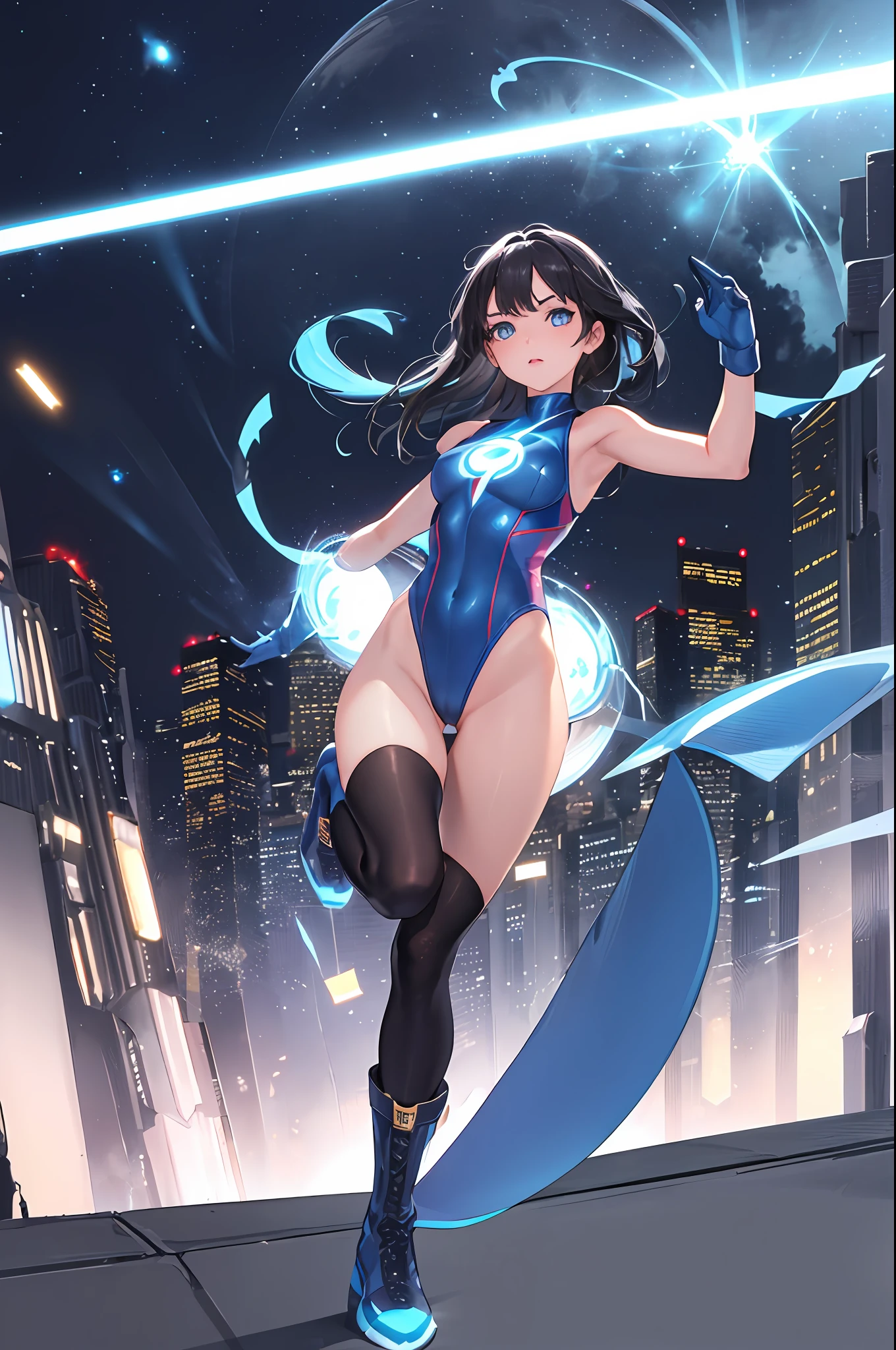 masterpiece, best quality, highres, 1girl, solo, superhero, leotard, bare legs, boots, matching boots, aura, blue aura, sleeveless, gloves, bracelets, matching gloves, looking at viewer, light particles, city backdrop, perfect hands, perfect eyes, powering up, perfect leotard, captain planet, glowing,