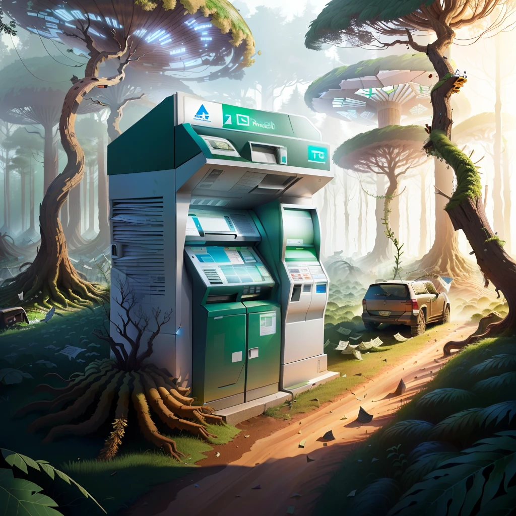 an ATM in the form of an anthill abandoned in the forest with banknotes flying around, zoom in, enlargement, realistic cartoon