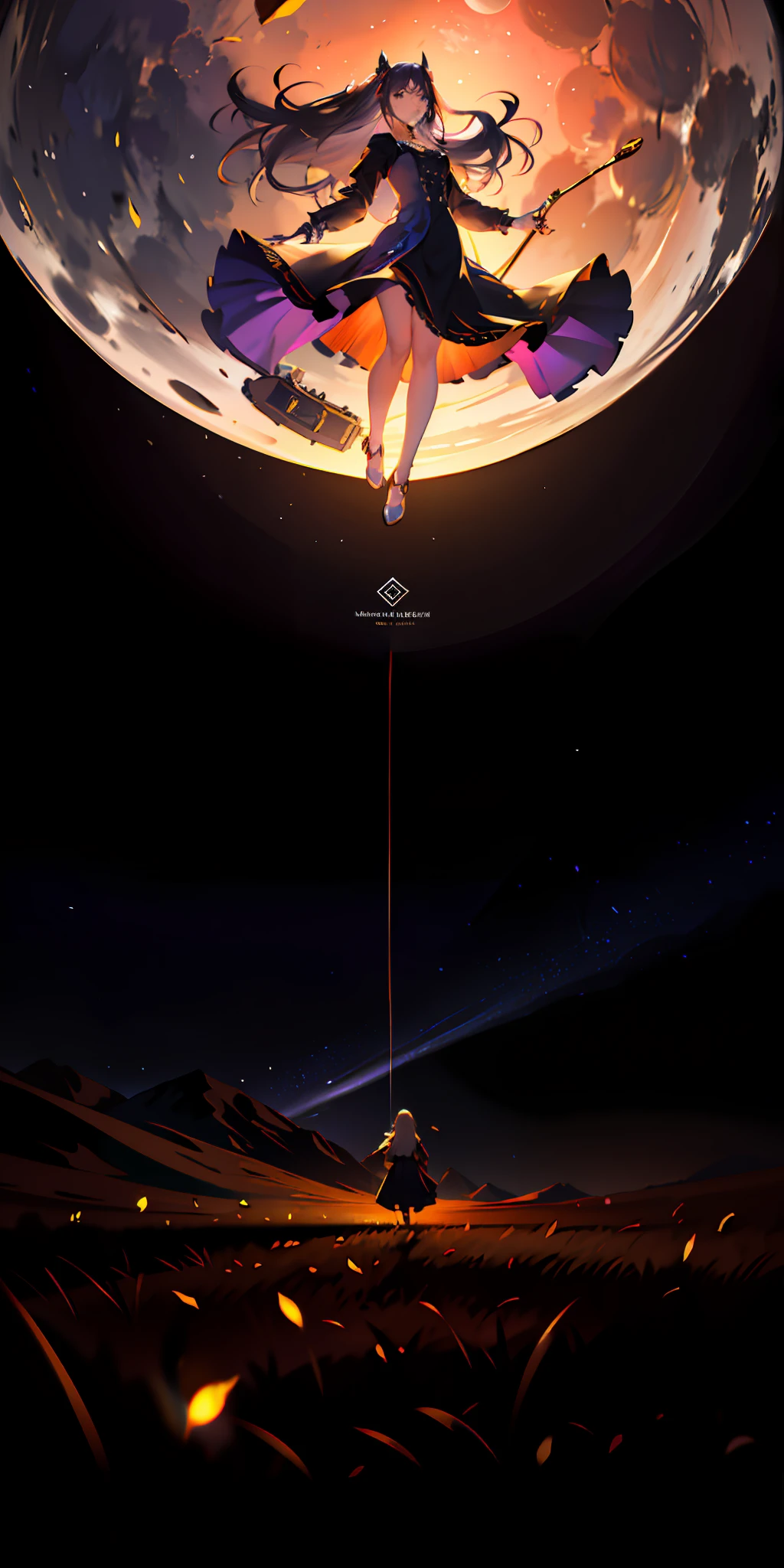 A wide landscape photo, (viewed from below, the sky is above, and the open field is below), a girl standing on a flower field looking up, (full moon: 1.2), (meteor: 0.9), (nebula: 1.3), distant mountains , Trees BREAK Crafting Art, (Warm Light: 1.2), (Firefly: 1.2), Lights, Lots of Purple and Orange, Intricate Details, Volumetric Lighting BREAK (Masterpiece: 1.2), (Best Quality), 4k, Ultra Detailed, (Dynamic Composition: 1.4), Rich in Detail and Color, (Rainbow Color: 1.2), (Glow, Atmospheric Lighting), Dreamy, Magical, (Solo: 1.2)