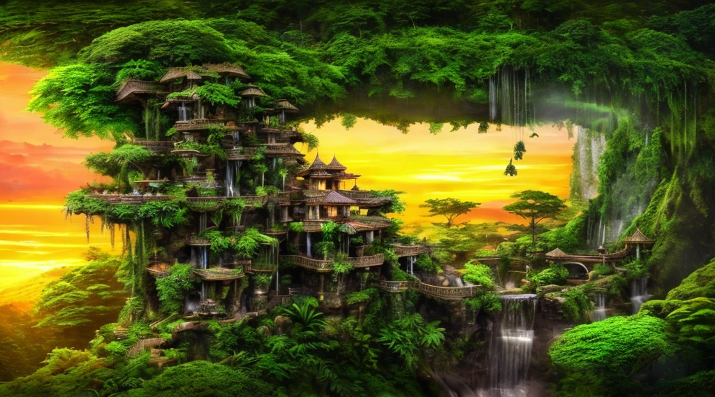 a large waterfall flows down a lush green mountain with a waterfall, 4k highly detailed digital art, beautiful art uhd 4 k, 4k detailed digital art, hanging gardens, fantasy architecture, detailed fantasy digital art, 4k fantasy art, fantasy jungle, made of tree and fantasy valley, 4 k hd wallpaper very detailed, beautiful detailed fantasy, fantasy matte painting,cute