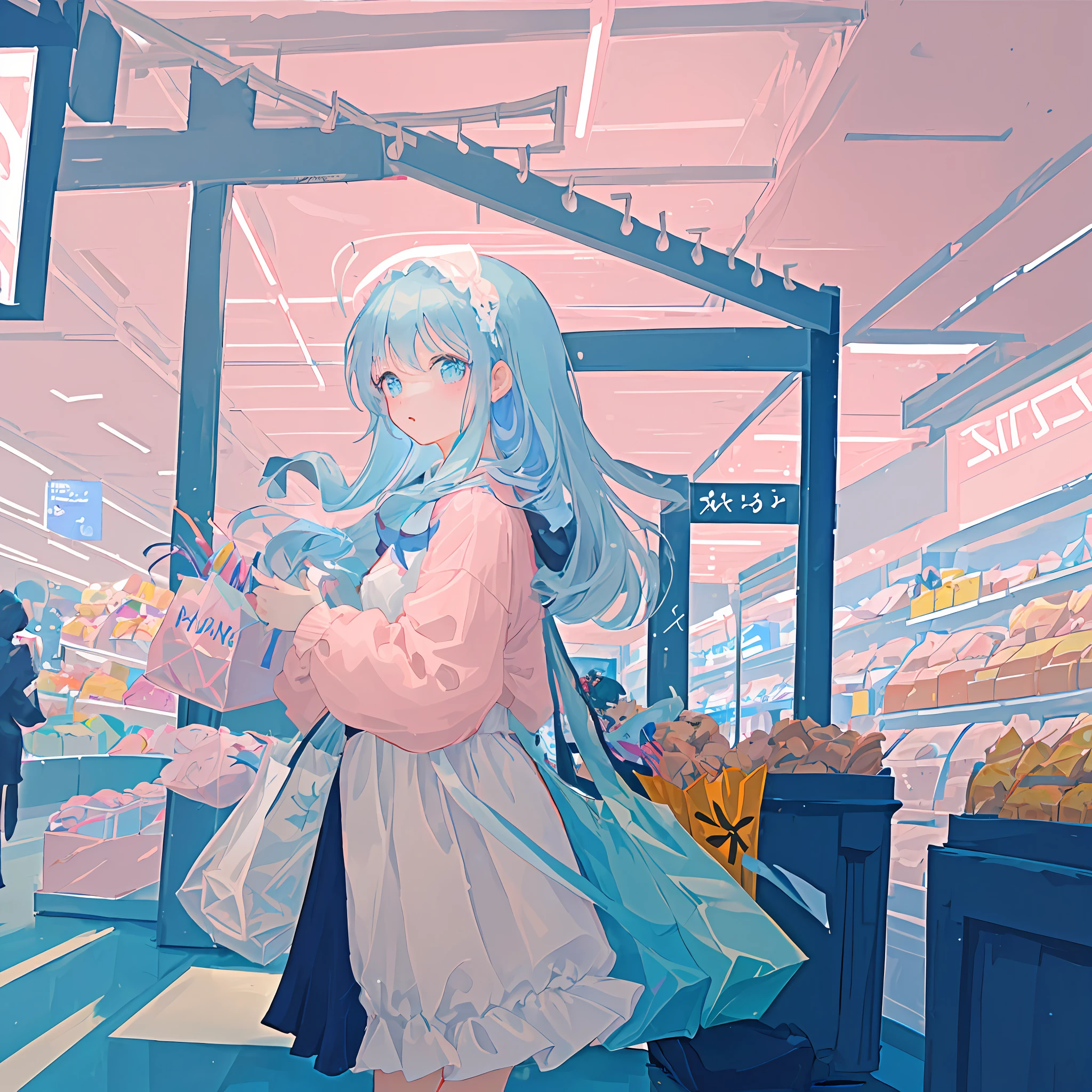 Masterpiece, best quality, a girl with long light blue hair, soft pink clothes, in a mall holding shopping bags