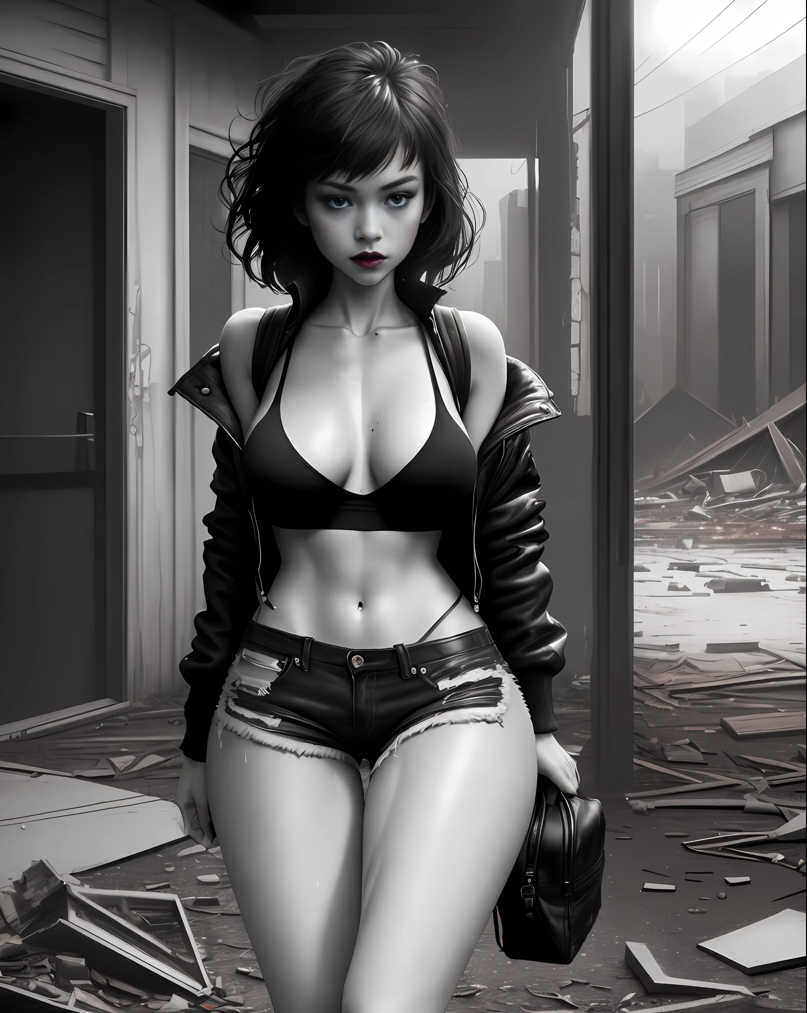 Imogen Poots bold, seductive, pointed breasts, black lipstick, sweaty body, open jacket, short and torn black shorts, black boot, big black hair with white lock, thick legs, backpack, attractive. (dawn, old and abandoned place at night, night effect, city destroyed at night). (masterpiece, seducing, depth of field, Full HD, 4K, 100mm lens, richness of detail). Film style