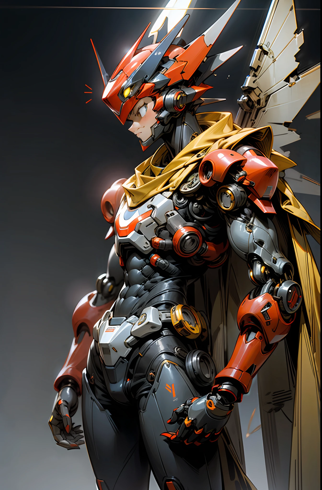 Dark_Fantasy, cyberpunk, (protoman from Megaman, red and gray armor, fluttering yellow cape, helmet, : 1.1), 1man, mechanical wonder, robotic presence, cybernetic guardian, booster,