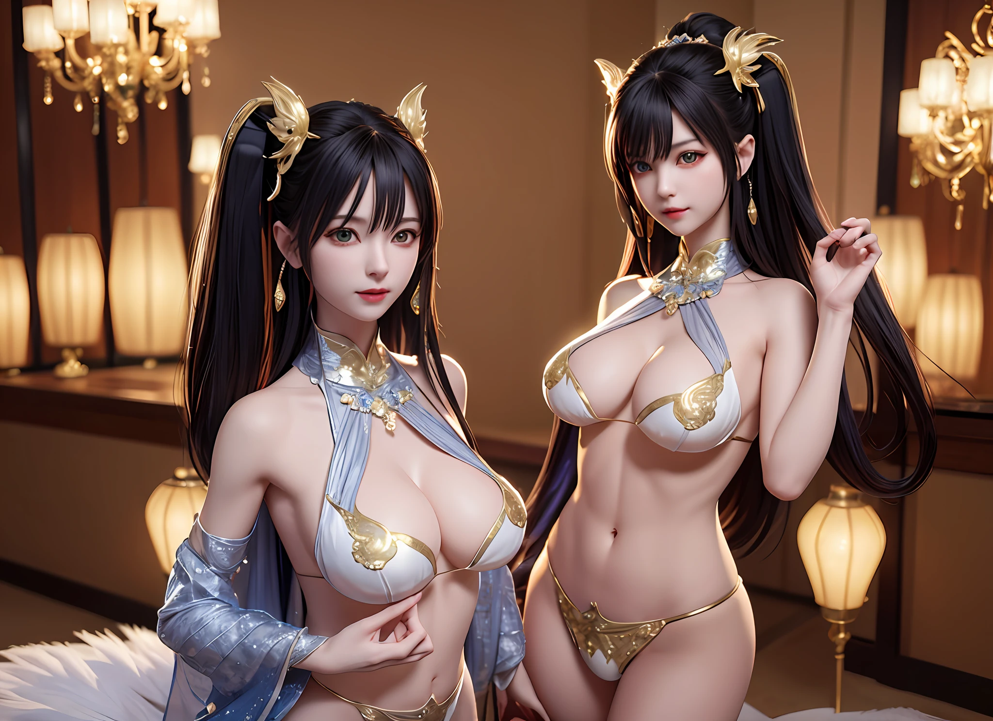 A nine-tailed demon fox, (unparalleled masterpiece, side light, fine and detailed beautiful eyes: 1.2), ultra-realistic 8k CG, perfect artwork, upper body, shiny hair, glowing eyes, shiny skin, realistic, 3d face, underboob, huge breasts, perfect female figure, mature woman, mature woman, narrow waist, looking at the audience, lace, lace trim, seductive pose, sexy pose, seductive, prestige, gorgeous, luxurious, jewelry, gemstones, gold, silver, diamonds, Glitter, sapphire, ruby, emerald, pearl, amber, obsidian