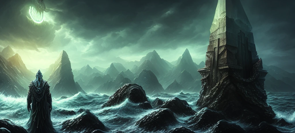 Hyper realistic, hyper detailed art, dagon, lovecraft, horrifying sea creature embracing monolith, obelisk, horrendous and scaly monster, man watches hidden, night scenery with many rocks, sea in the background, man with fear looking from afar