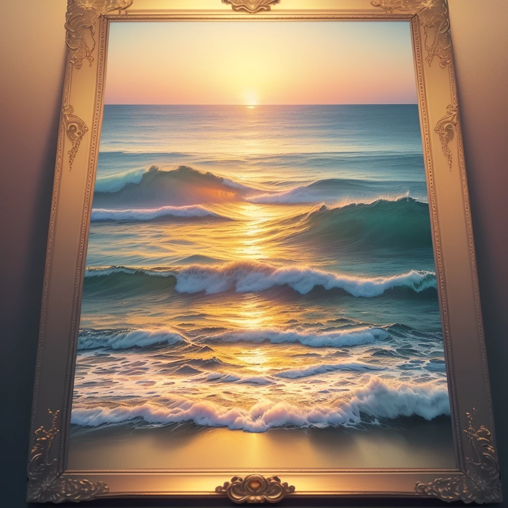 (best quality, masterpiece) sunset scenery, (an old man in a wheelchair), (a picture frame beside him), facing the sea, distant shot, (golden hour: 1.2), (vibrant colors: 1.1), (ocean waves sound: 1.05), (nostalgic atmosphere: 1.1), (high saturation: 0.95), (emotional touch: 1.1).