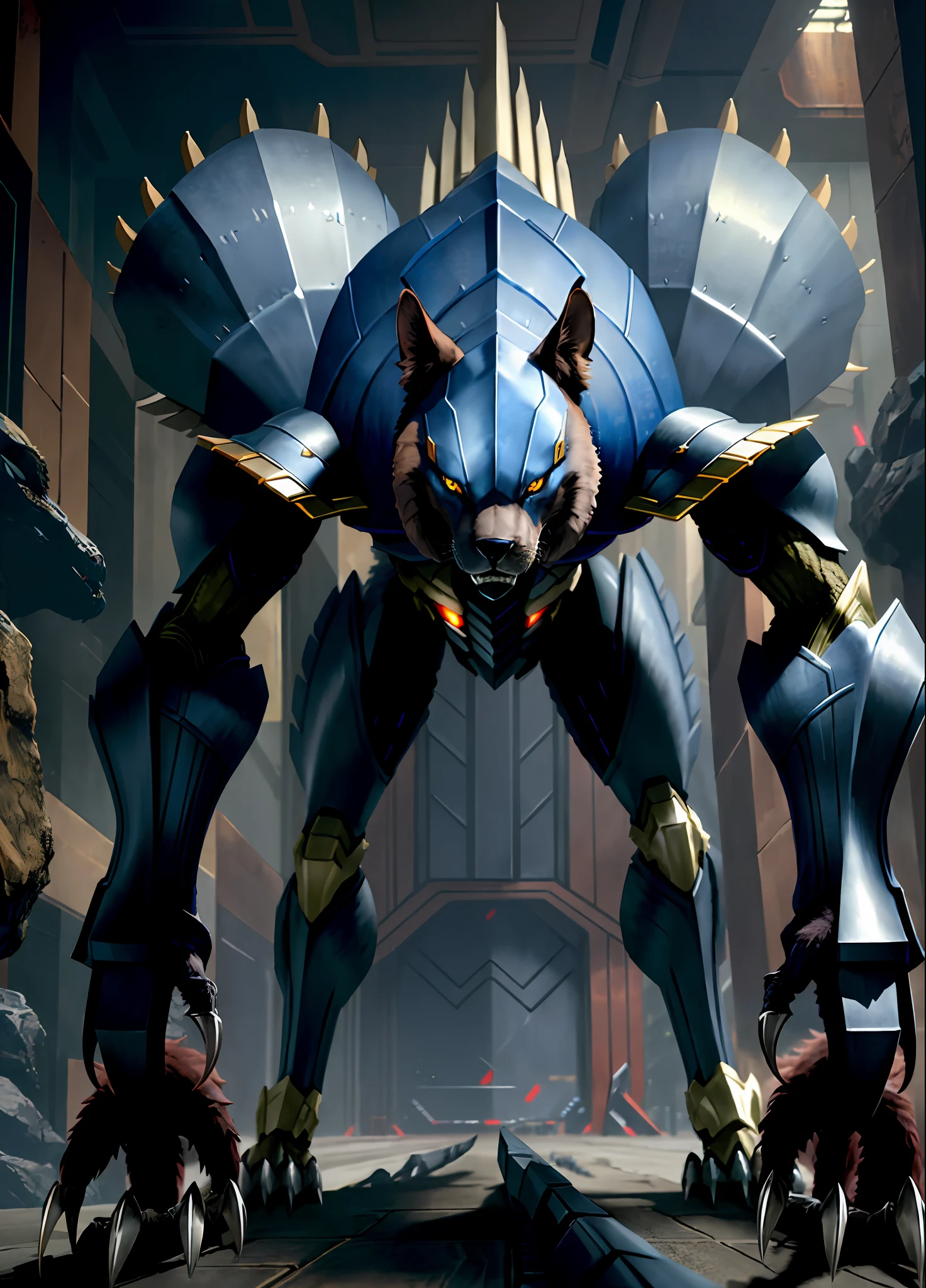 Long, sleek, quadrupedal, keratin natural armor, claws, long tail, on all fours, beast, lanky,hard outer shell, tough,serrated claws,best quality, highly detailed, layered armor plating, singular beast, metallic coloring, masterpiece