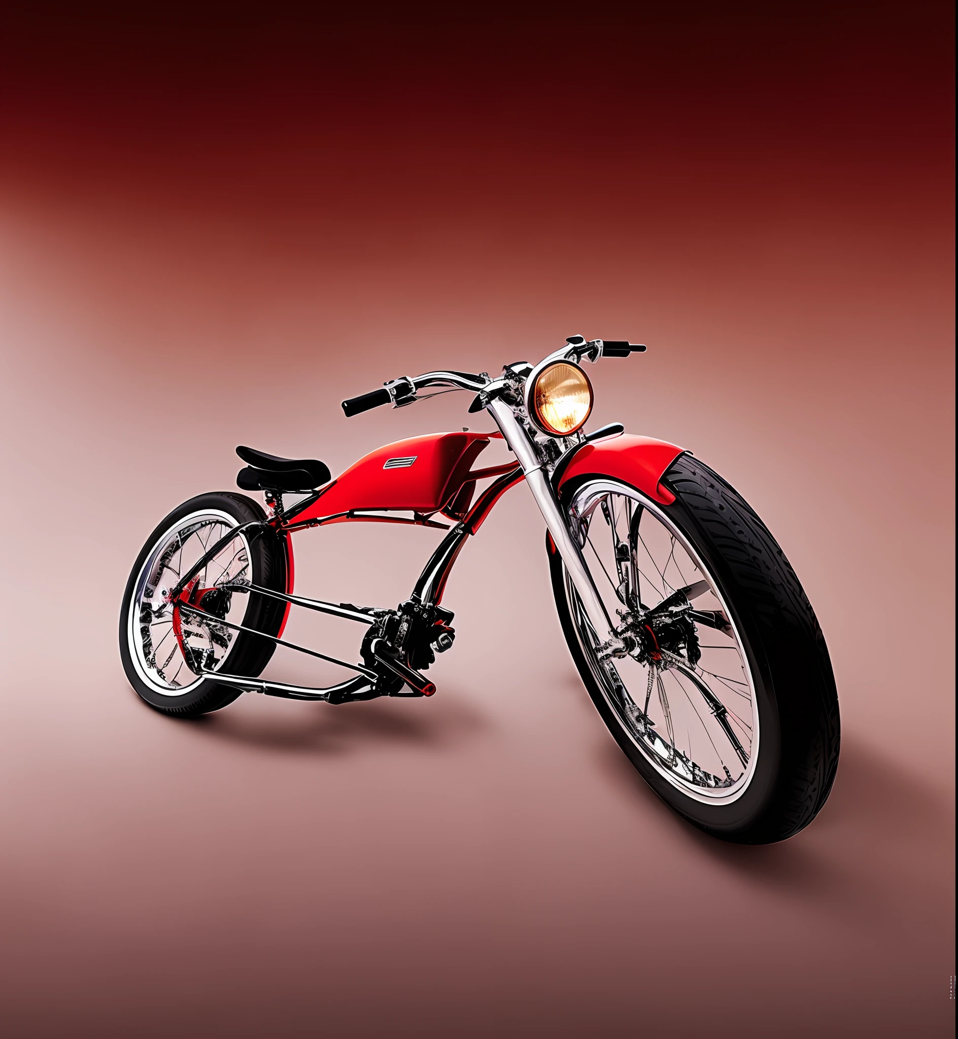 there is a red bike with a black tire on a white background, inspiring, a wide full shot, chrome red, hero shot, by Scott M. Fischer, super model-s 100, it has a red and black paint, biker, cool looking, retro style ”, wideshot, inspiration, extreme view angle, by Randy Gallegos, crisp smooth lines