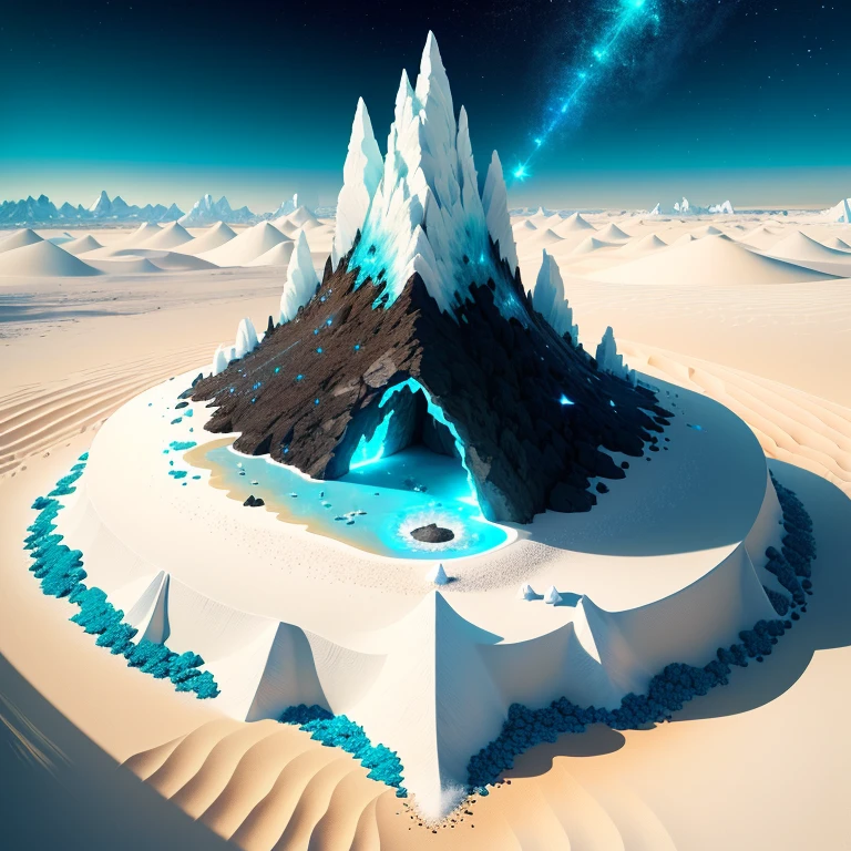 hill of white sand that has a big black stock on top which is split in two, in the middle you see a lot of blue and teal geode crystals that glow. around it are flying fireflys. it should be in a realistic style