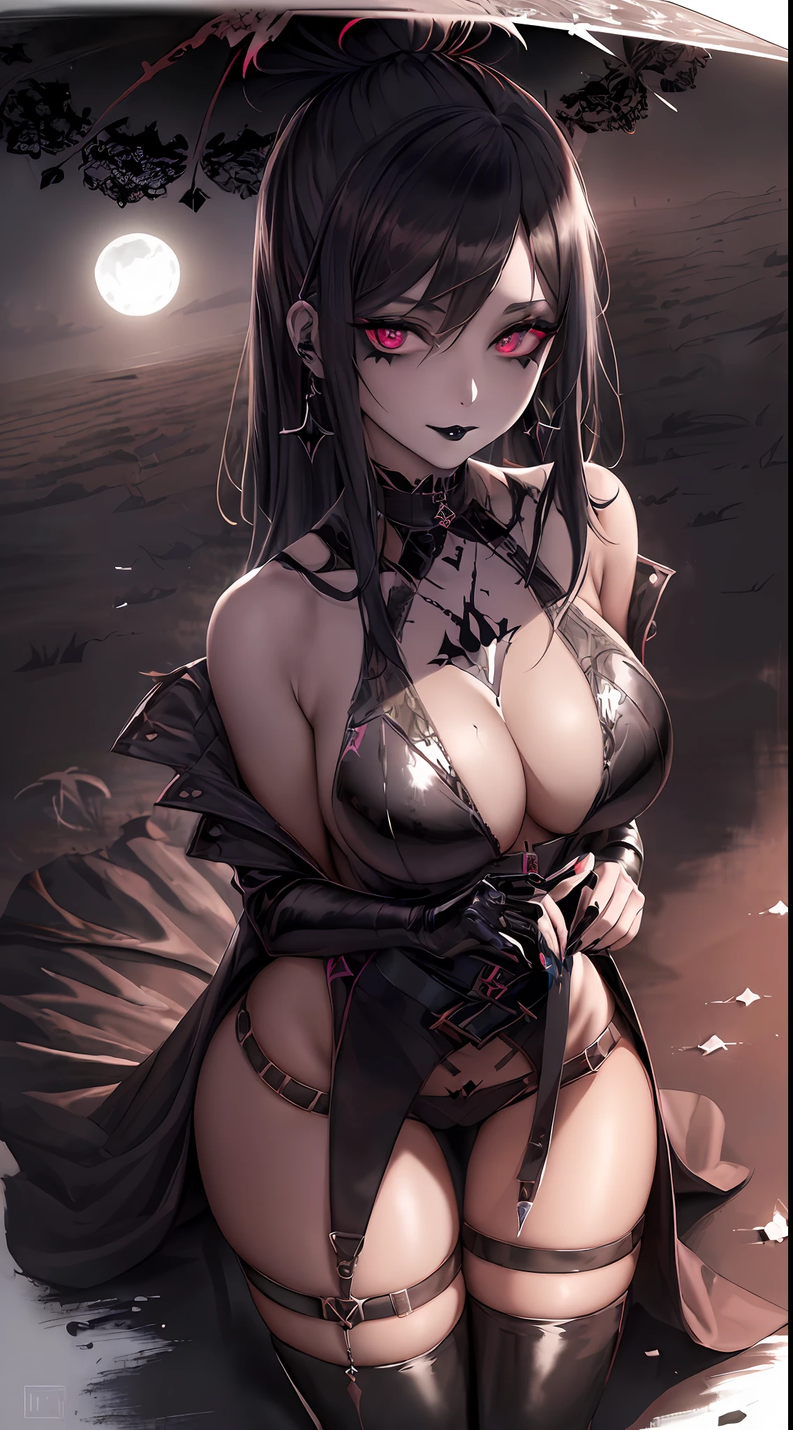 `"((painting:1.2)|canvas), ((sinister:1.2)|(radiant)), gothic girl, black lipstick and black makeup, desolate field, with the moon in the background"`