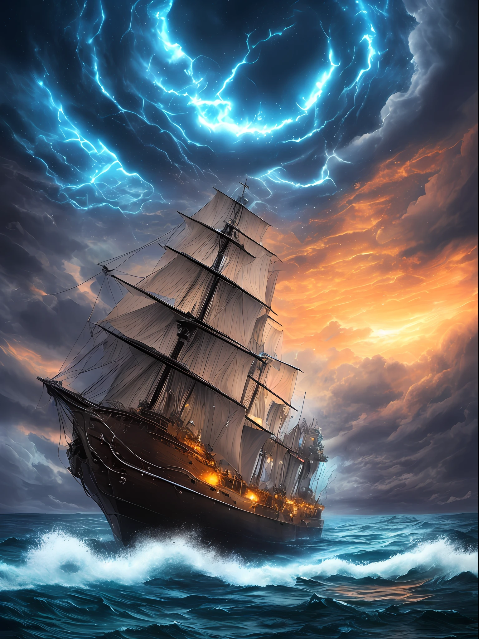 The ship is in the center of the ocean, dark night, violent storms, HD, mermaid, orange thunder background, best quality, some rocks around, rocks, best ship, mermaid on ocean, best mermaid, 16k, big ship,
