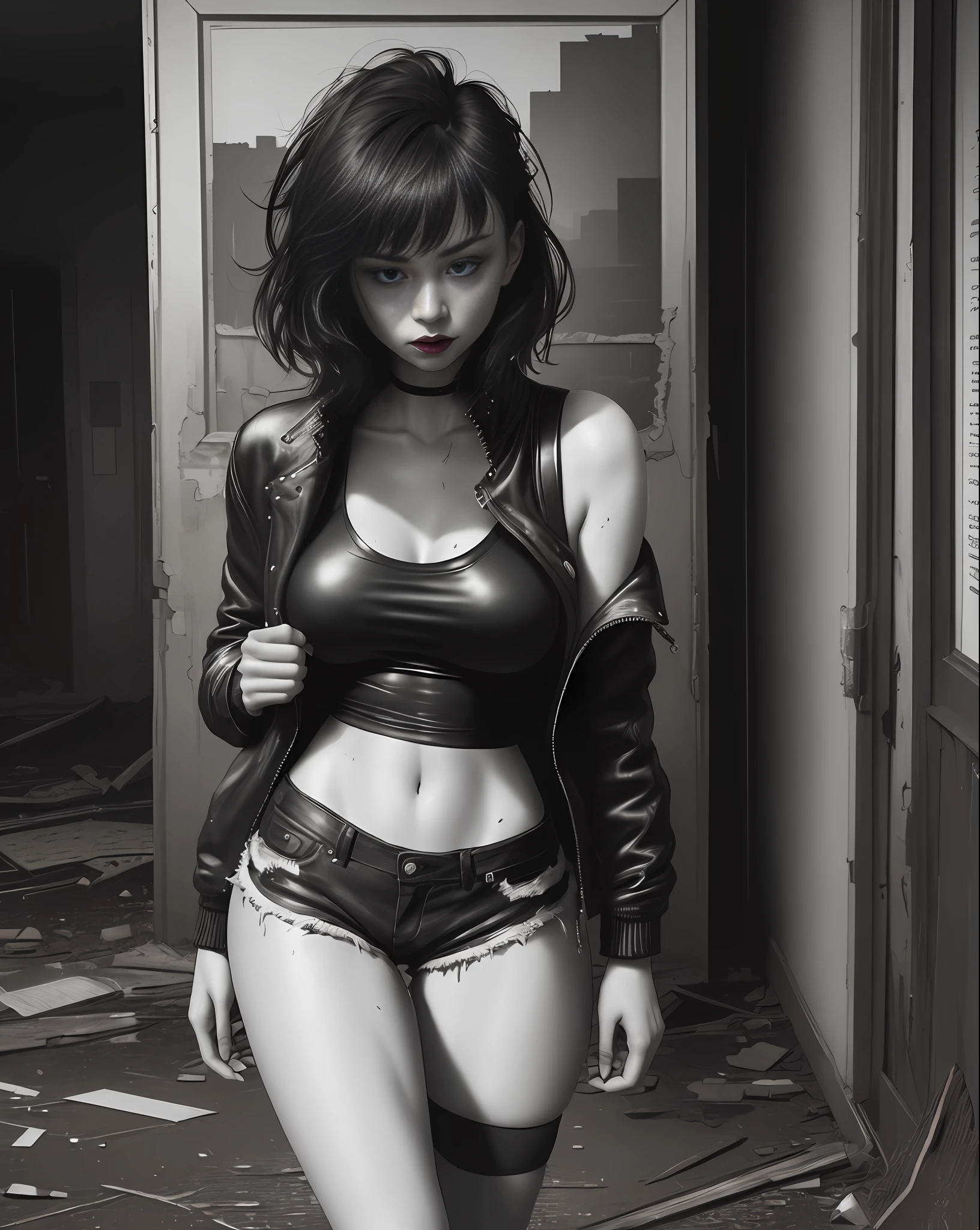 Imogen Poots bold, seductive, pointed breasts, black lipstick, sweaty body, open jacket, short and torn black shorts, black boot, big black hair with white lock, thick legs, backpack, attractive. (dawn, old and abandoned place at night, night effect, city destroyed at night). (masterpiece, seducing, depth of field, Full HD, 4K, 100mm lens, richness of detail). Film style
