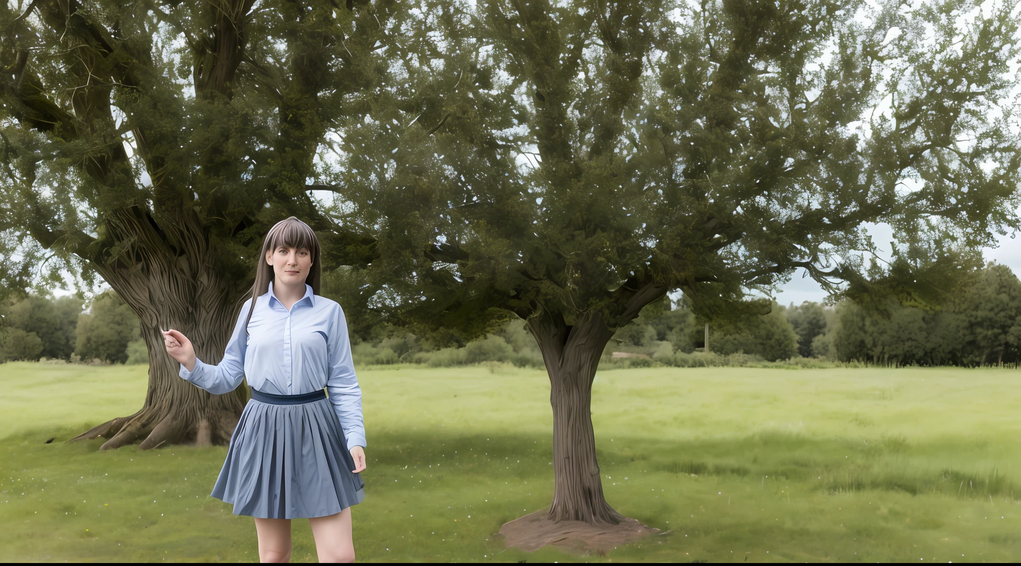 masterpiece, best quality, 1girl, solo, long hair, skirt, outdoors, cloud, black hair, blue eyes, shirt, long sleeves, shoes, sky, tree, black skirt, full body, blue sky, bangs, blush, blue shirt, sneakers, standing, grass, white footwear, cloudy sky, day, print shirt, looking at viewer, walking, from side,