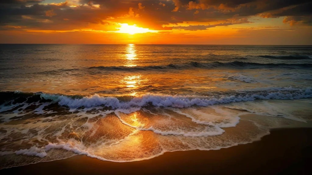 An absolutely fascinating sunset on the beach, with a mixture of oranges, pinks and yellows filling the sky. The crystal clear waters of the sea gently embrace the shore, with a white sandy beach stretching out in the distance. The scene is dynamic and breathtaking, with seagulls hovering high in the sky and palm trees swaying gently. Soak up the soothing atmosphere and let the tranquility invade you.
