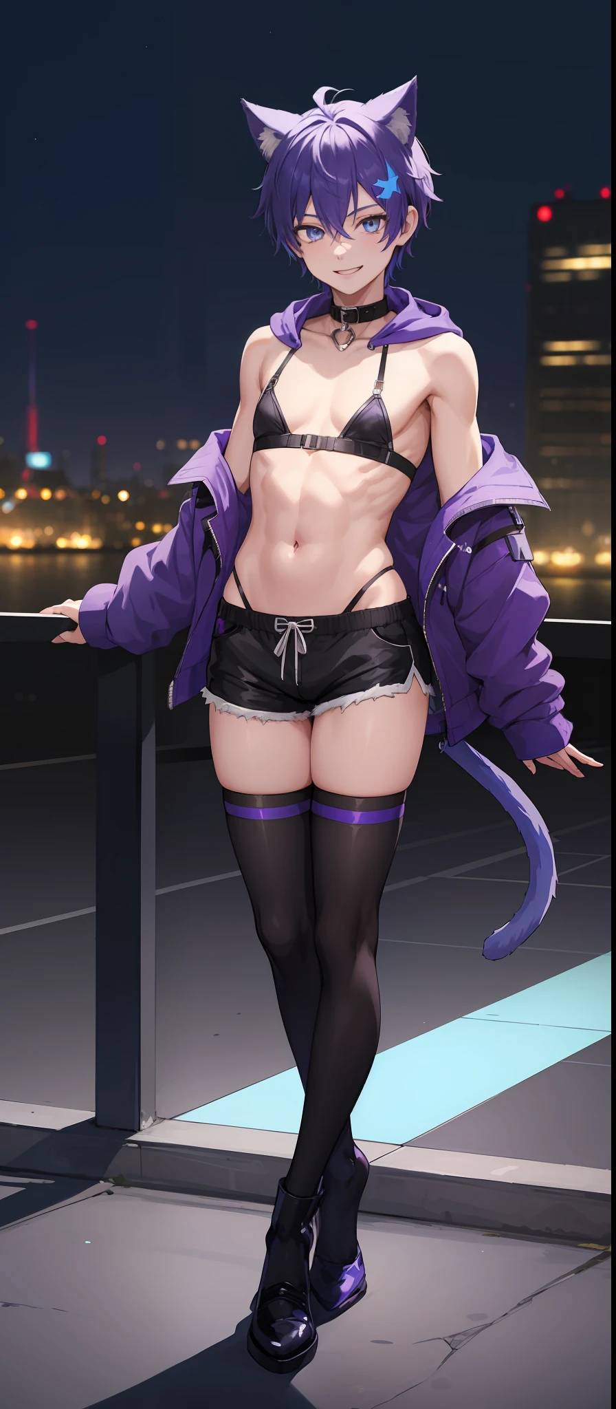 1boy, androgynous, blue eyes, purple hair, collar, blue hoodie, blue booty shorts, black thigh highs, masterpiece, HD, vibrant, full body view, night, smile, cat ears