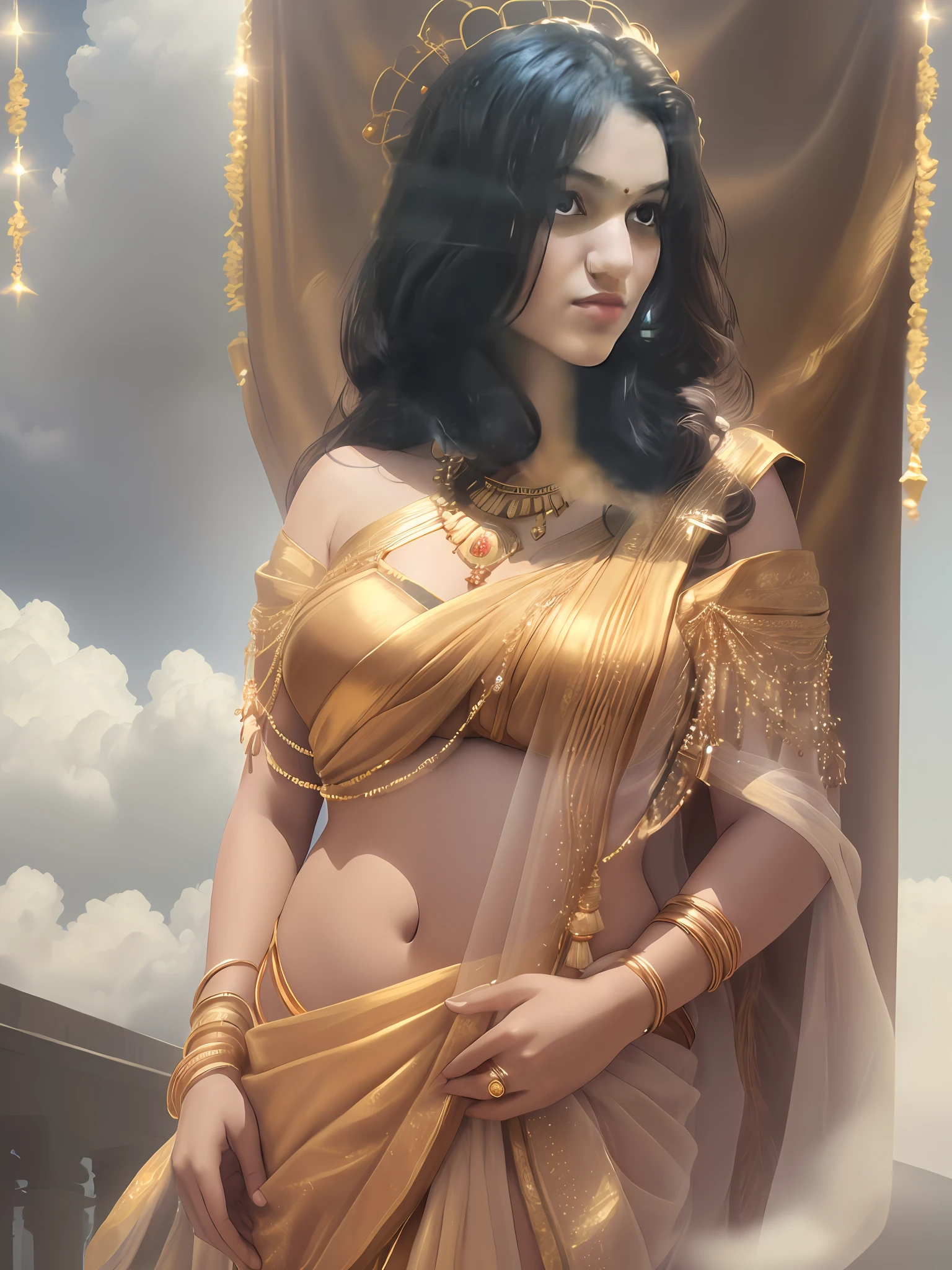 Best quality, masterpiece, ultra high res, (photorealistic:1.4), raw photo, 1girl, offshoulder, in the dark, deep shadow, low key, cold light, large chest , wearing a beautiful golden saree, Indian godess, pretty woman, standing on clouds , clouds in the background, wearing a golden shining earring