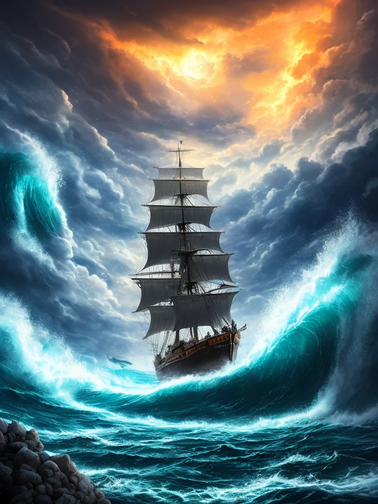 The ship is in the center of the ocean, dark night, violent storms, HD, mermaid, orange thunder background, best quality, some rocks around, rocks, best ship, mermaid on ocean, best mermaid, 16k, big ship,