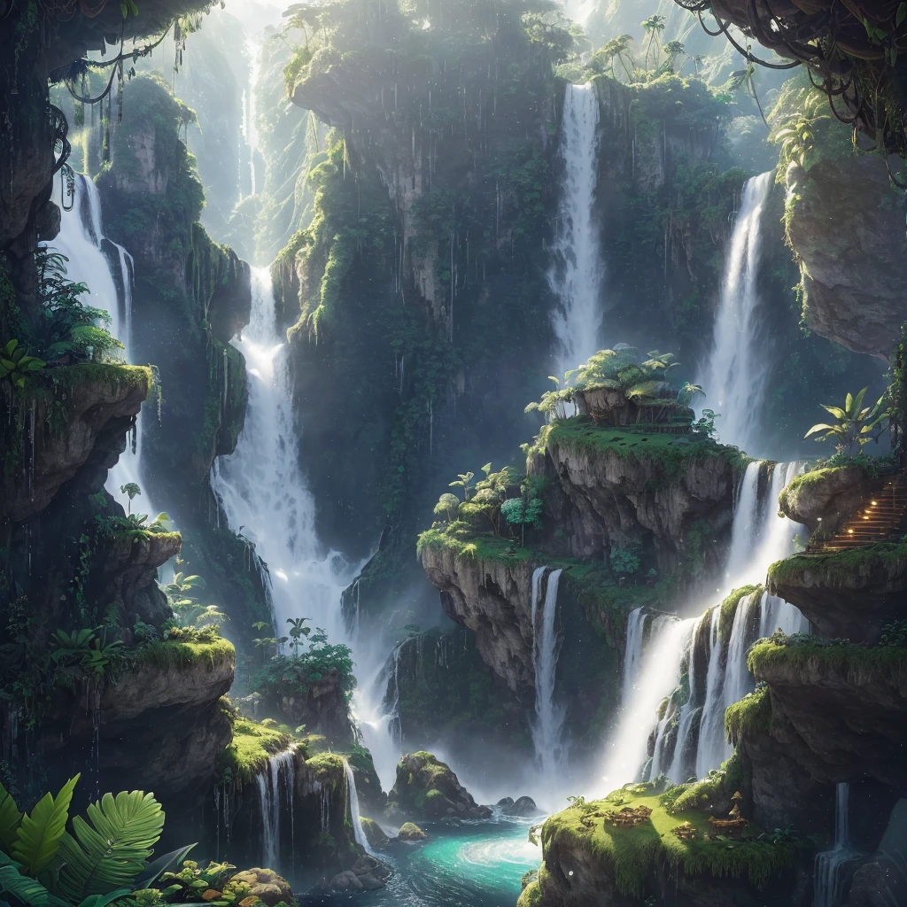 Masterpiece, best quality, (extremely detailed CG unity 8k wallpapers), (best quality), (best illustrations), (best shadows), land suspended in the air with vines on the base , with tropical rainforest on both sides, with waterfalls falling from above, isometric 3D, octane rendering, ray tracing, super detailed