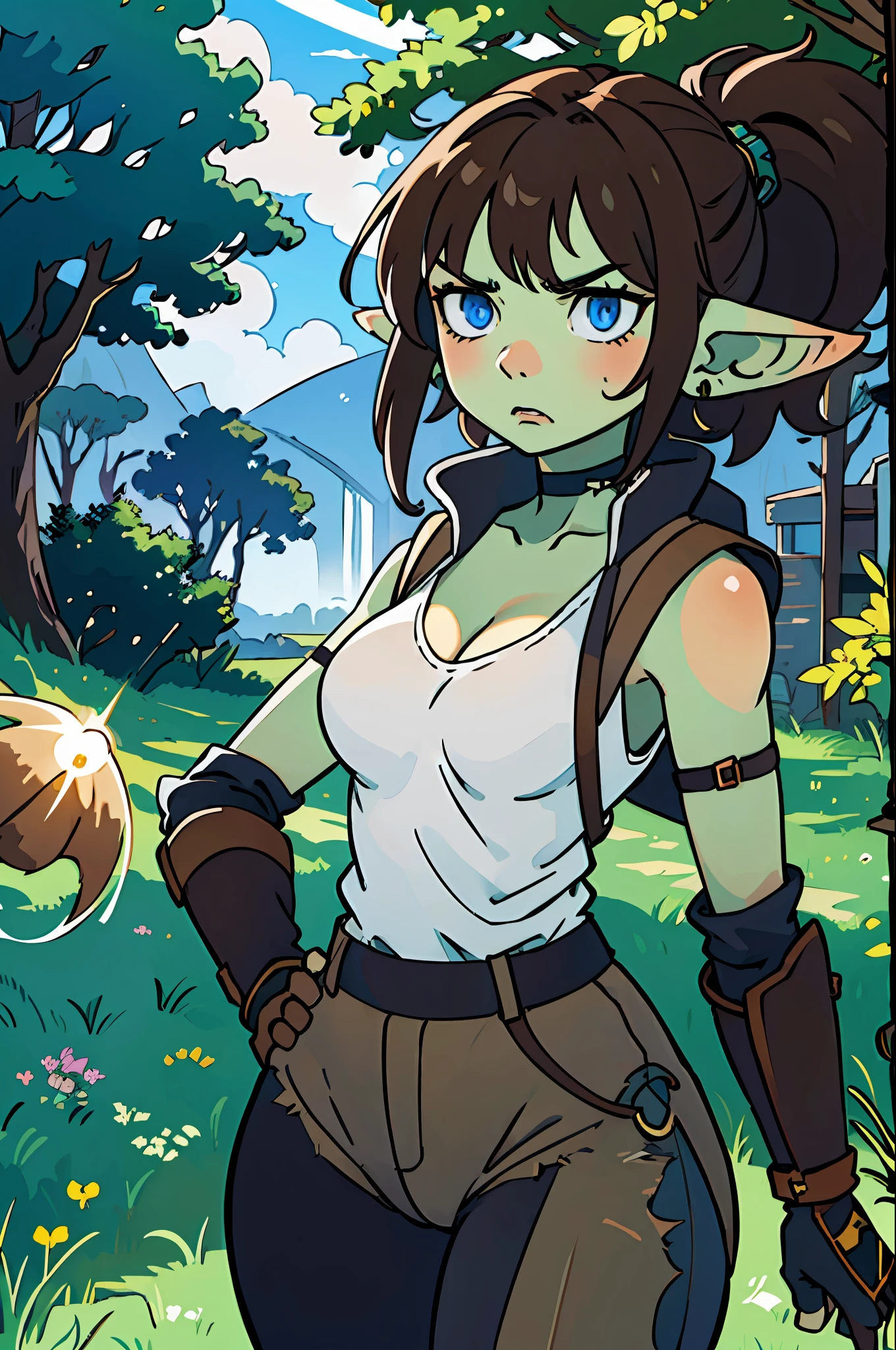 (best-quality:0.8), perfect anime illustration, masterpiece, natural lighting, 1girl, goblin girl, 1girl, solo, brown hair, blue eyes, jewelry, gloves, looking at viewer, earrings, thighs, medium breasts, black gloves, wide hips, choker, thick thighs, spikes, cowboy shot, black choker, shoulder armor, neutral expression, bangs, short hair, straight hair, hands on hips, forest, outside, day, sun beams, crazy eyes, cleavage, big ears, confident, ruins, angry, ripped clothes, brown pants,