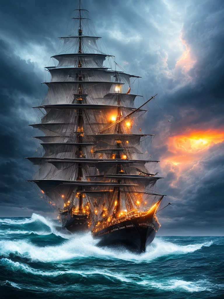 The ship is in the center of the ocean, dark night, violent storms, HD, mermaid, orange thunder background, best quality, some rocks around, rocks, best ship, mermaid on ocean, best mermaid, 16k, big ship, ship close to camera