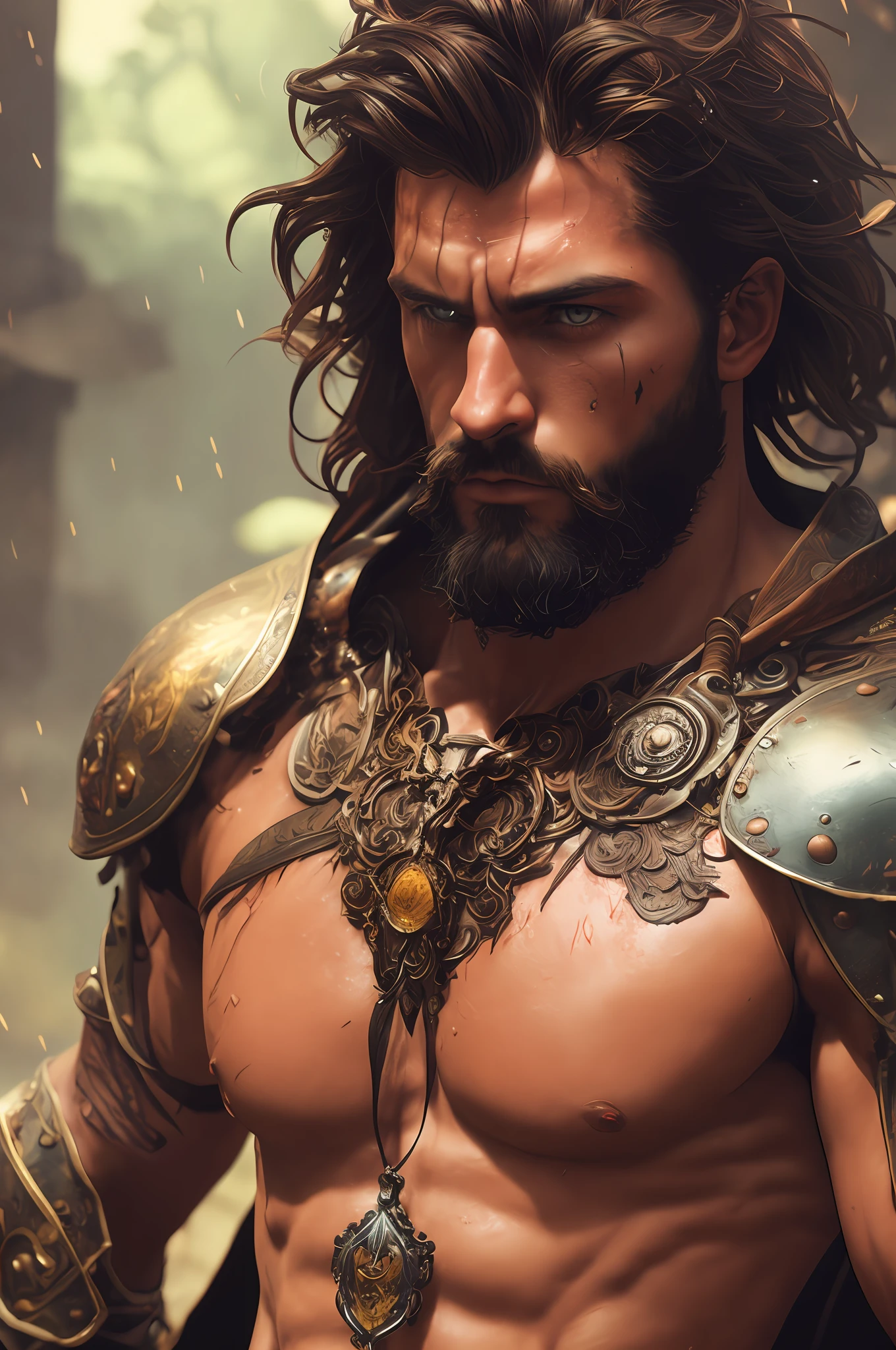 photo of the most handsome artwork in the world featuring soft lustrous male hero, very masculine, ((epic heroic fantasy muscular man, tattooed, hairy body, rugged wet wounded male hero angry looking with long messy hair and short beard and fierce looking in a dynamic posture dying on the floor, fantastic location, majestic cluttered environment)), full body 8k unity render, action shot, skin pores, very dark lighting, heavy shadows, detailed, detailed face, (vibrant, photo realistic, realistic, dramatic, dark, sharp focus, 8k), (weathered damaged old worn leather outfit:1.4), (intricate:1.4), decadent, (highly detailed:1.4), digital painting, octane render, artstation, concept art, smooth, sharp focus, illustration, art by GaetanoArt, (loish:0.23), wlop ilya kuvshinov, and greg rutkowski and alphonse mucha gracias, (global illumination, studio light, volumetric light), heavy rain, particles floating