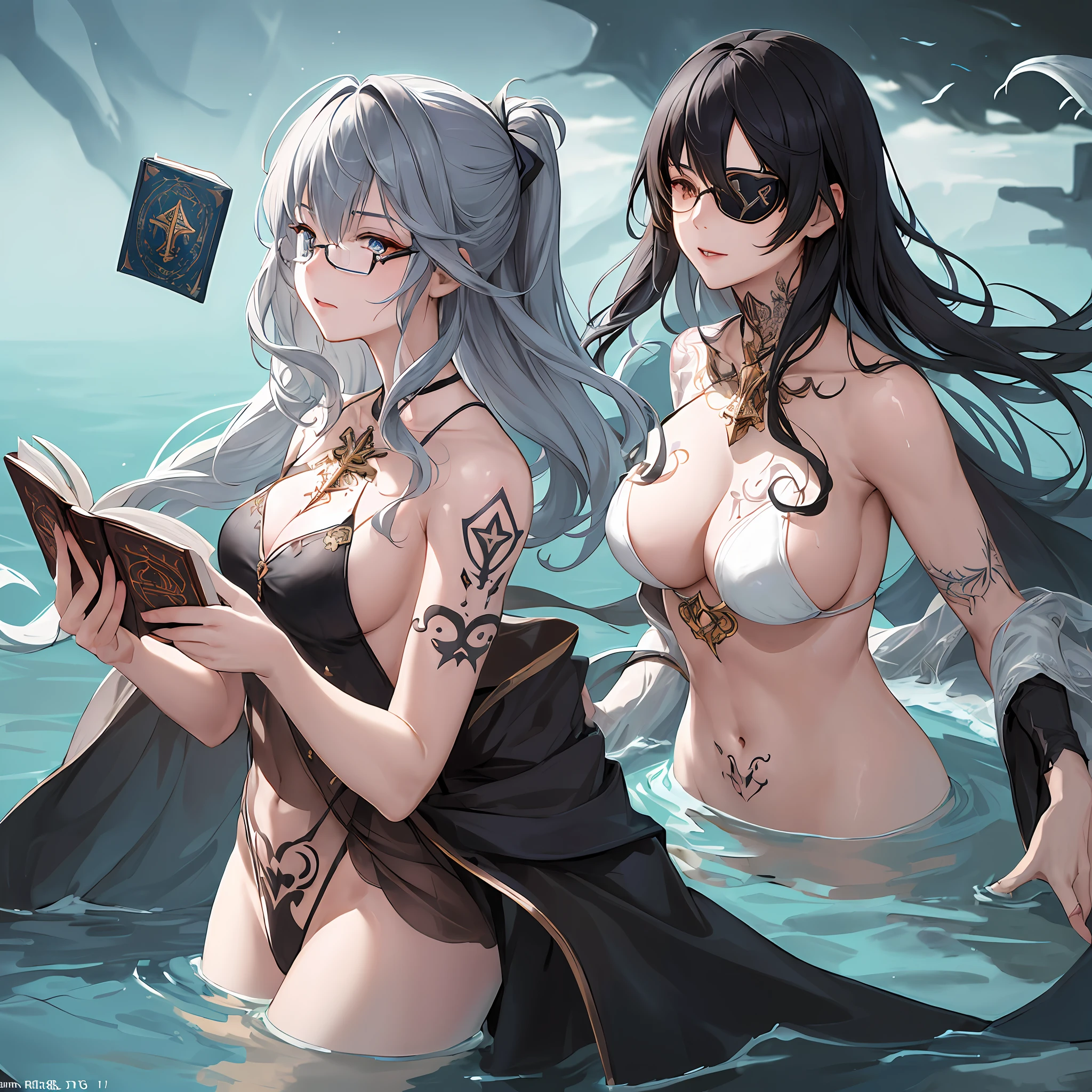 ((masterpiece)), best quality, ultra-detailed, arthouseFantasy, outstanding heroine, long coat, eyepatch, reading book, underwater shot, floating magic rune, night,((sexy:1.2|beautiful) magician woman),(upper body:0.9|body tattoo:1.2|beautiful body decoration:1.1), glasses, (beautiful eyes:1.1),(black hair:0.8| gray hair: 1.3), interesting tattoo on the arm: 0.9, floating objects, magic sparks, atmospheric background
