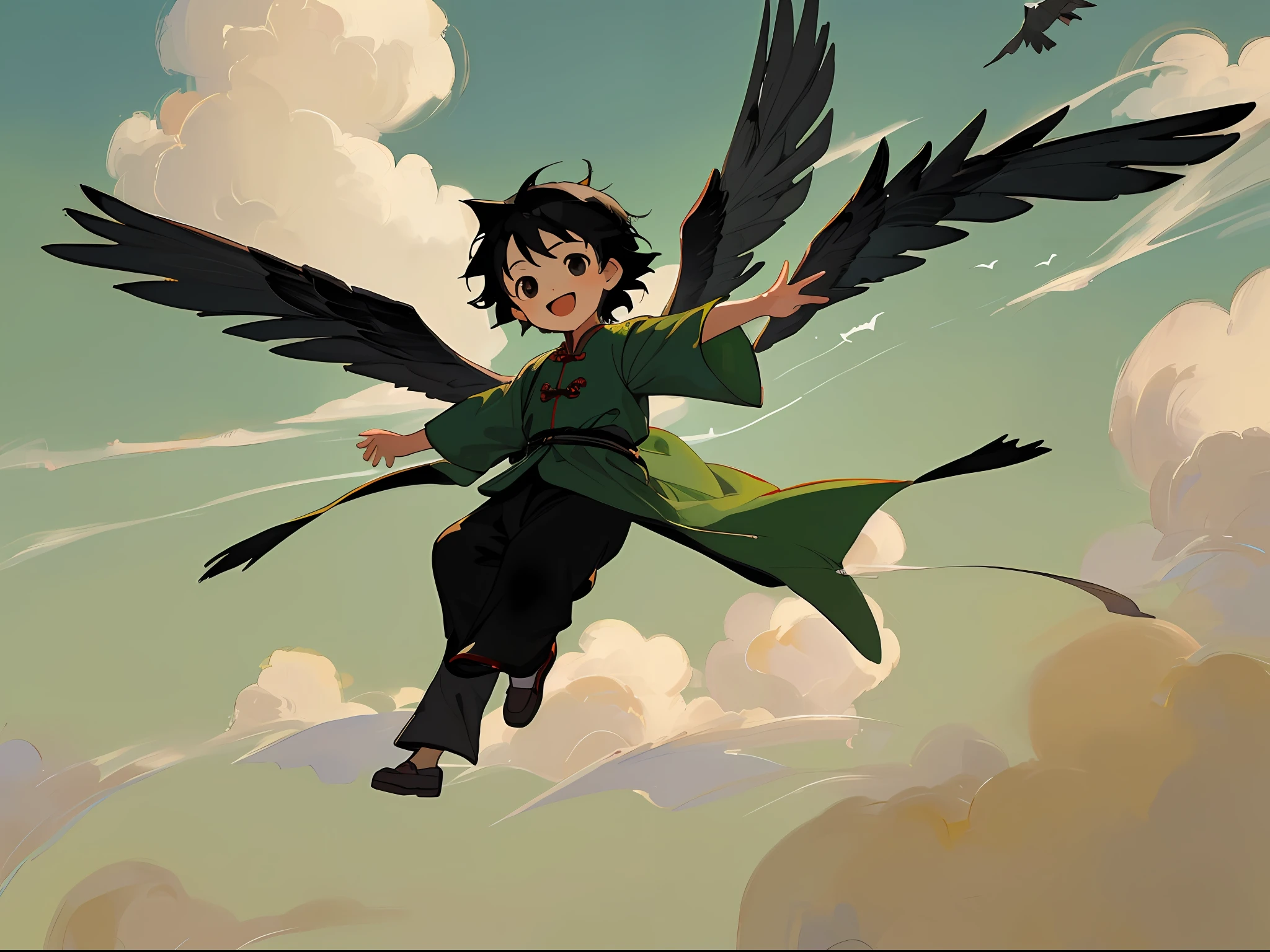 Masterpiece, high quality, boy, , black hair and black eyes, oil painting, Q version, green background, swallows flying in the sky, clouds, full body, Chinese children's clothing, happy expression