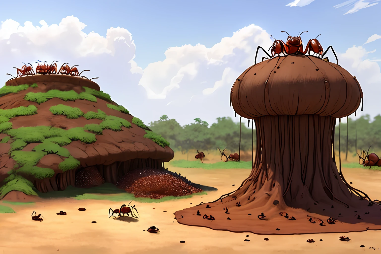 realistic cool anthill with dancing ants