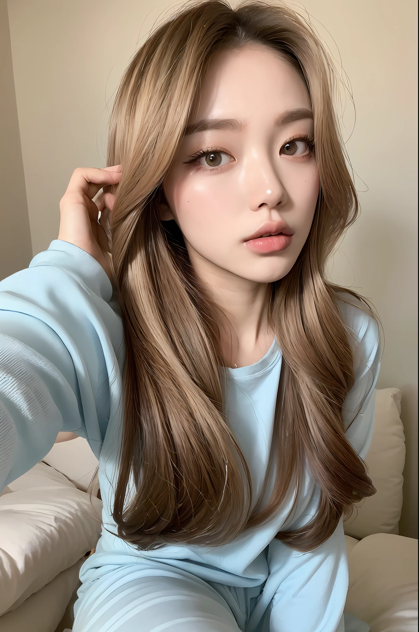 ((Best quality, Masterpiece :1.3)), gradient hair, 8k, award winning, super detail, best quality, highres, HD, pretty asian woman, double eyelid, sitting on bed, bedroom, instagram selfie, pajamas