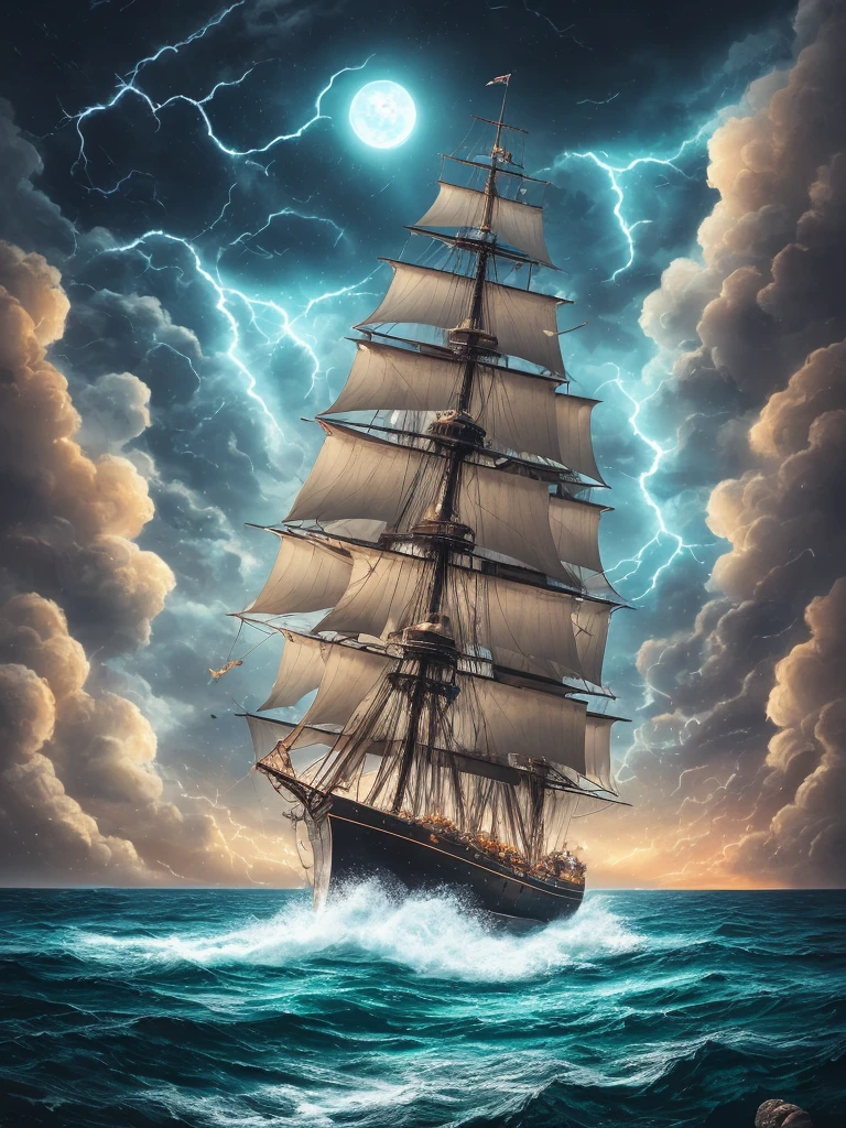 The ship is in the center of the ocean, dark night, violent storms, HD, mermaid, orange thunder background, best quality, some rocks around, rocks, best ship, mermaid on ocean, best mermaid, 16k, big ship, ship close to camera, Birds fly around, birdsi