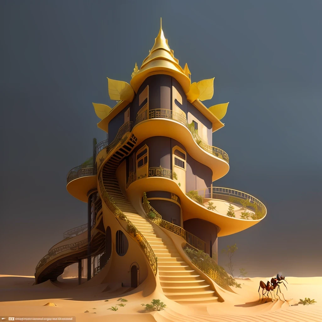 The house for the ants is shaped like a staircase ,Made from a mixture of sand, gold and leaves