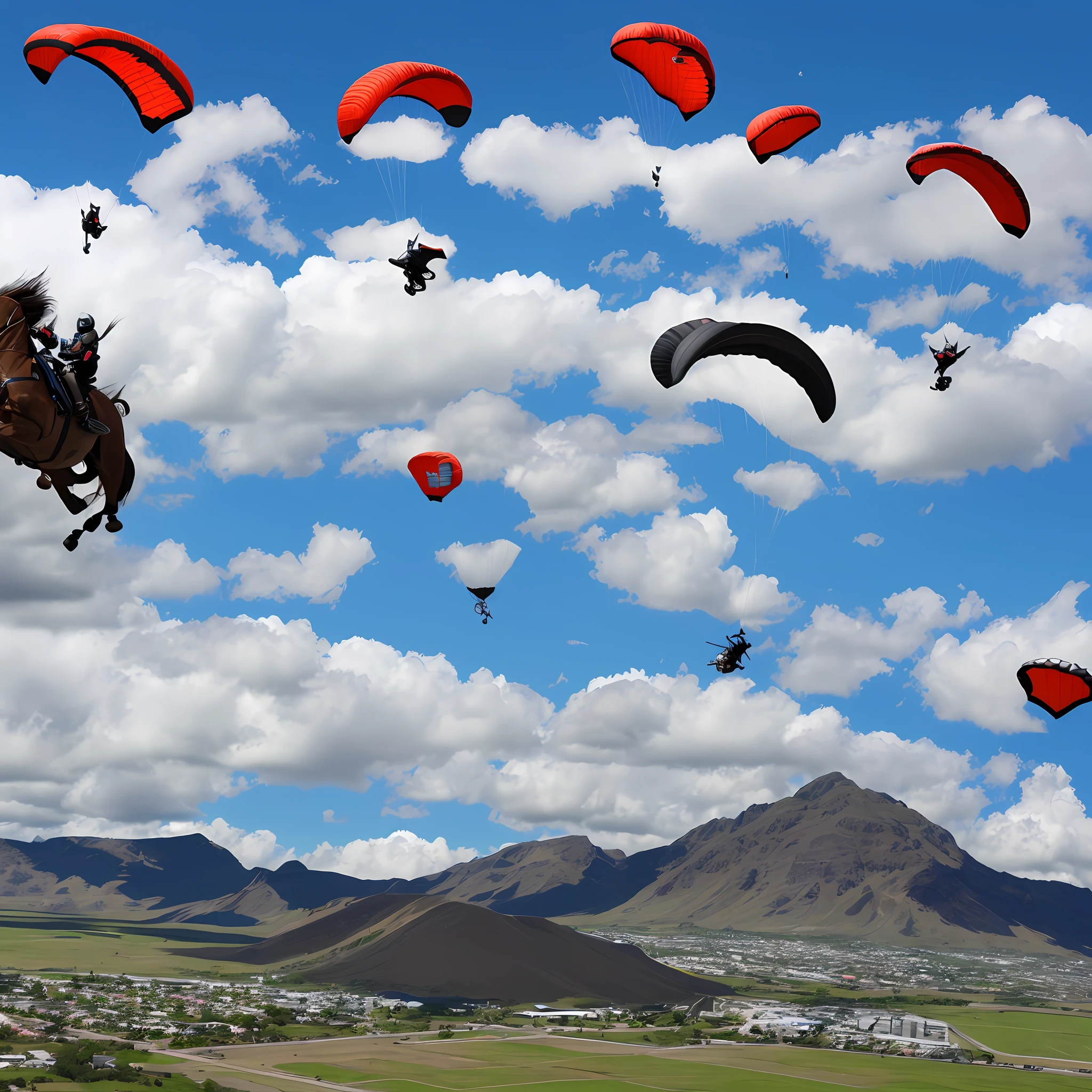 parachute, motorcycle, plane, horse, jump