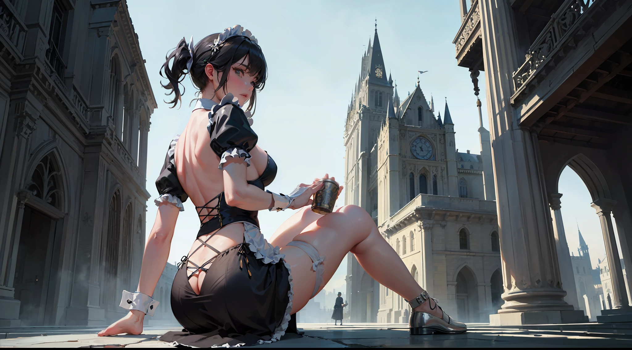 man in maid costume, very sexy, (butt: 1.3), muscular, fair skin, realistic skin, , looking at the viewer, castle courtyard in the background, detailed face, detailed hands, detailed legs, detailed fingers, detailed hair, detailed eyes, detailed skin, dynamic lighting, 8k uhd, (photorealistic), (photorealistic:1.4), (hyperrealistic), top, (masterpiece), (best quality)