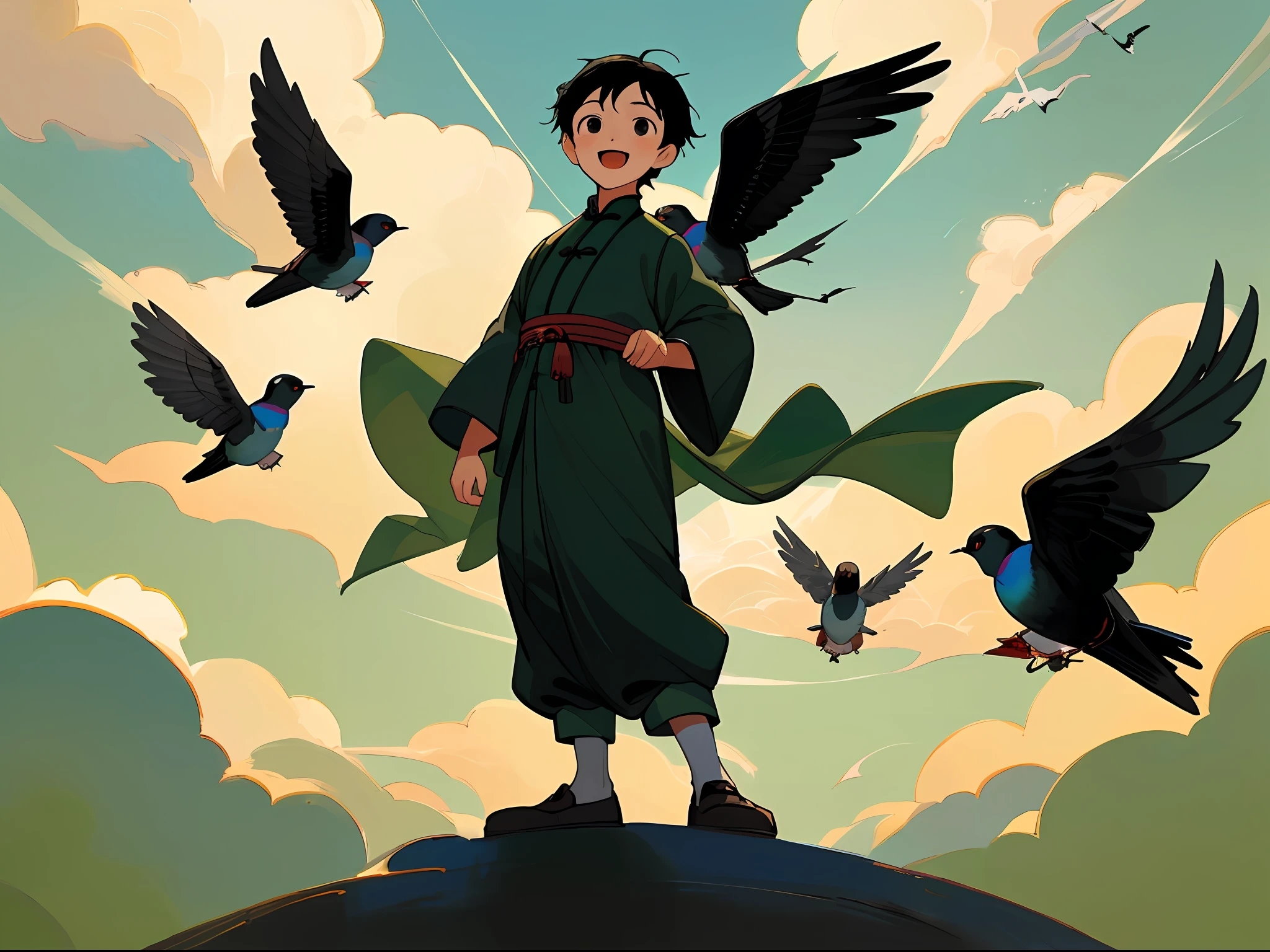 Masterpiece, high quality, boy, child, black hair and black eyes, oil painting, Q version, green background, swallows flying in the sky, clouds, full body, Chinese children's clothing, happy expression