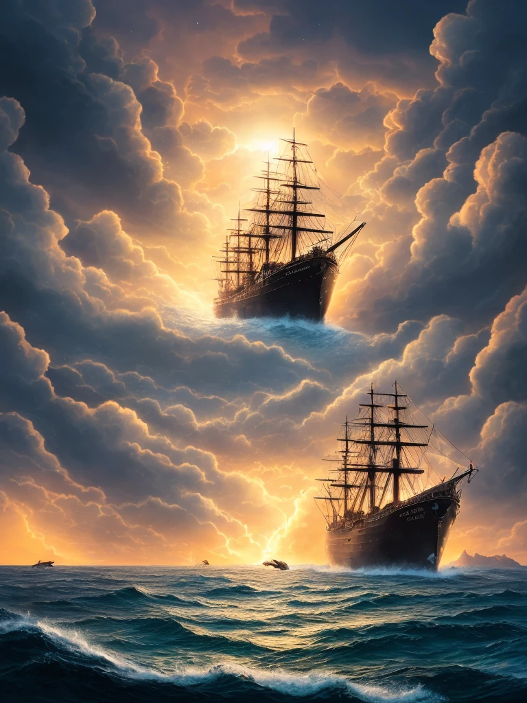 The ship is in the center of the ocean, dark night, violent storms, HD, mermaid, orange thunder background, best quality, some rocks around, rocks, best ship, mermaid on ocean, best mermaid, 16k, big ship, ship close to camera, Birds fly around, birdsi